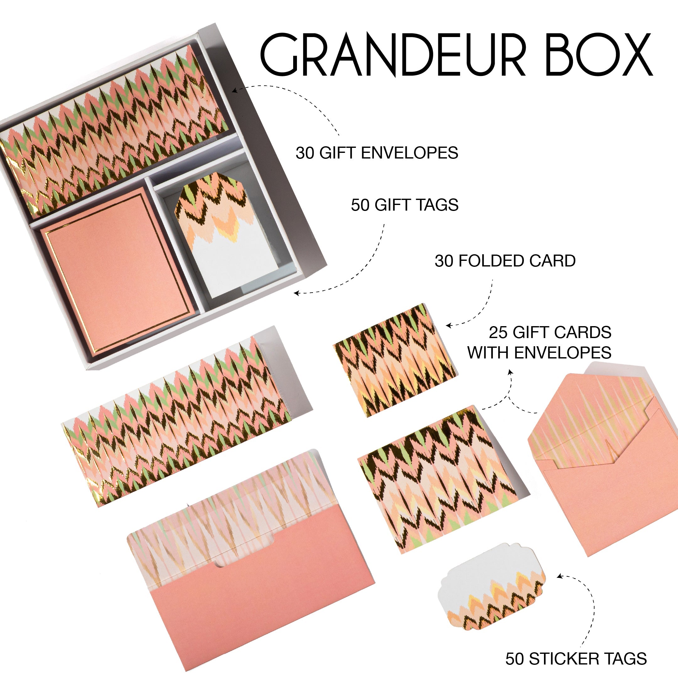 Peach and gold ikat-patterned boxed stationery set with matching cards and tags.