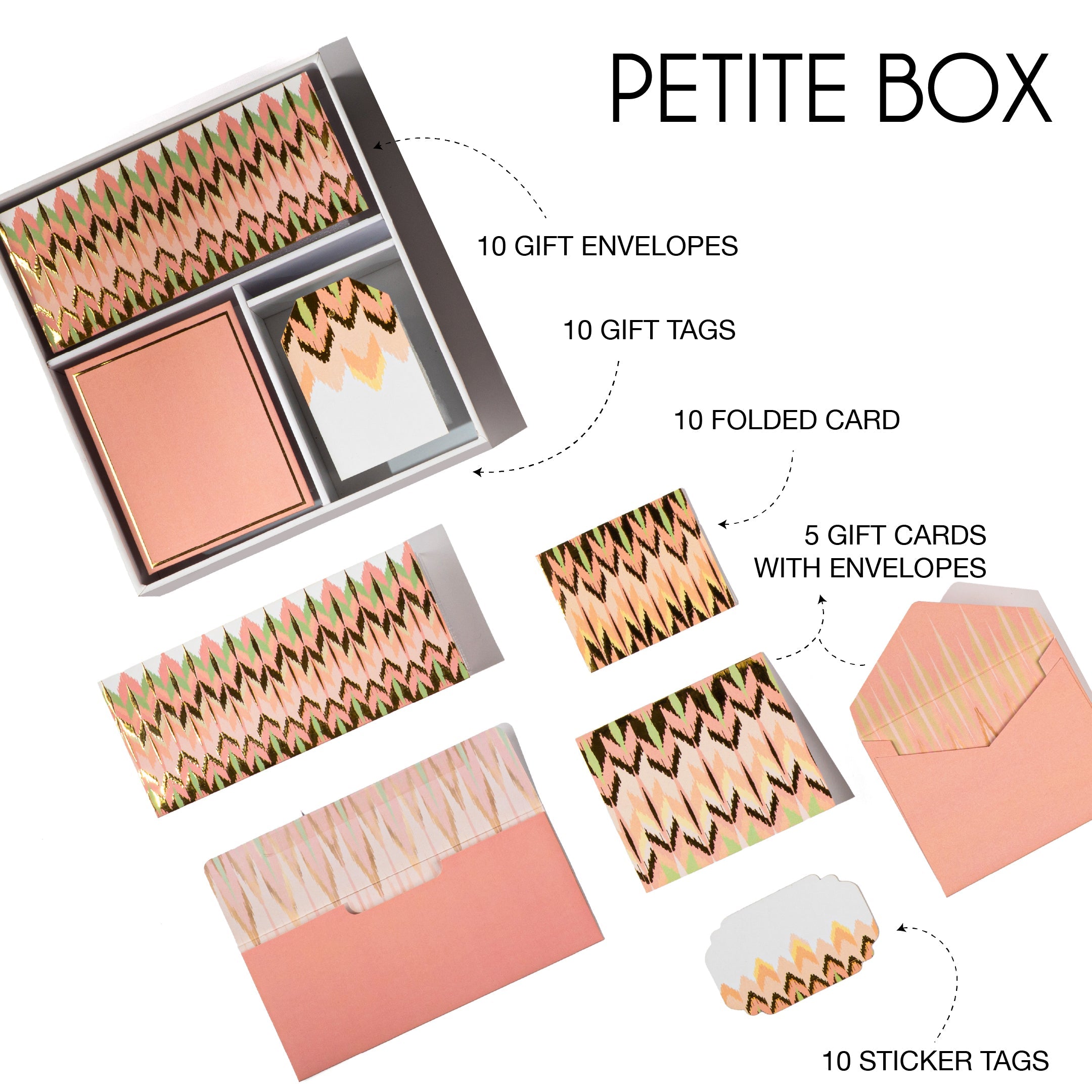Peach and gold ikat-patterned boxed stationery set with matching cards and tags.