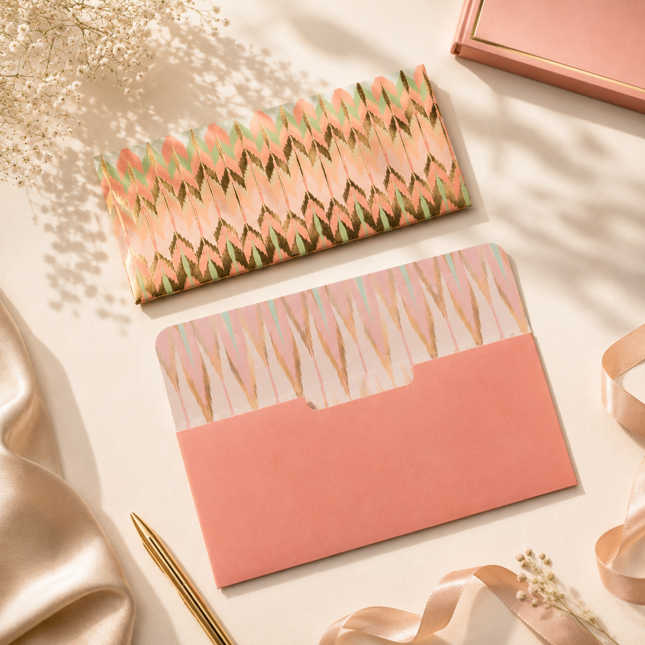 A chic envelope featuring a soft pastel Ikat print with elegant gold details, perfect for stylish gifting.