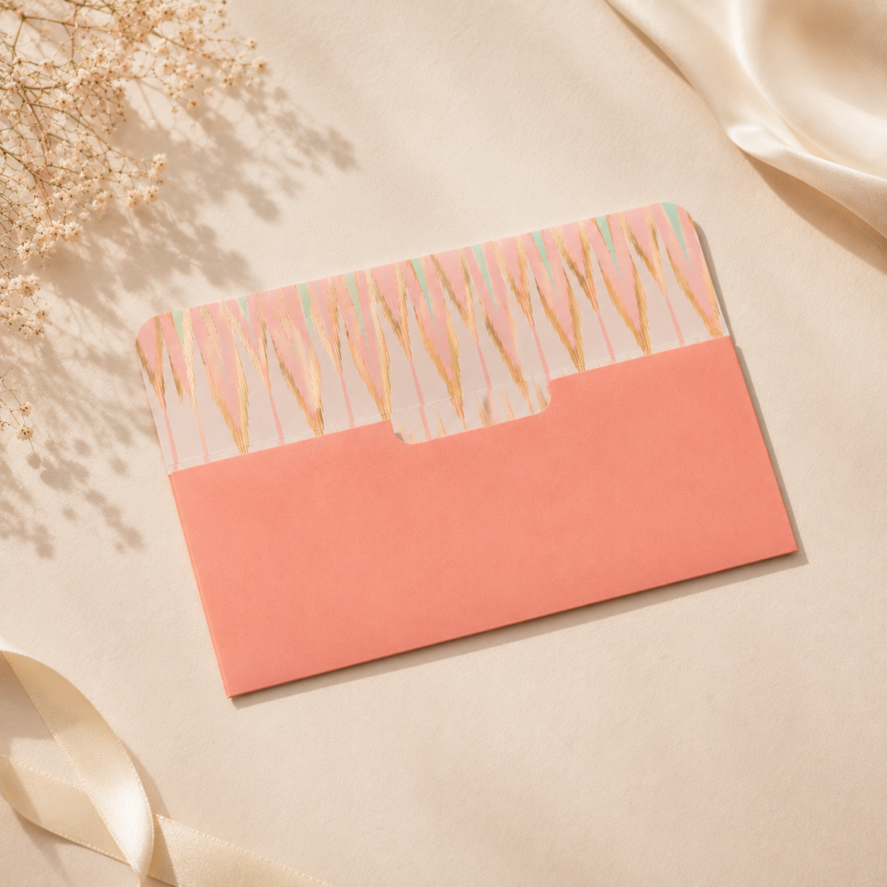 A chic envelope featuring a soft pastel Ikat print with elegant gold details, perfect for stylish gifting.