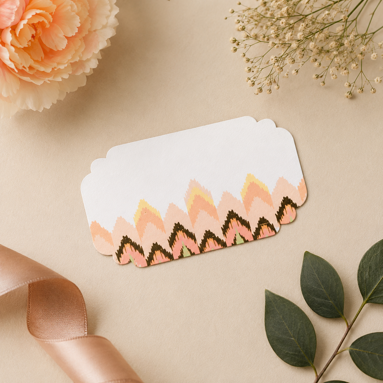 Minimal luxury sticker tag photoshoot with pastel geometric artwork, stacked gift tags, and soft floral styling for premium gifting.