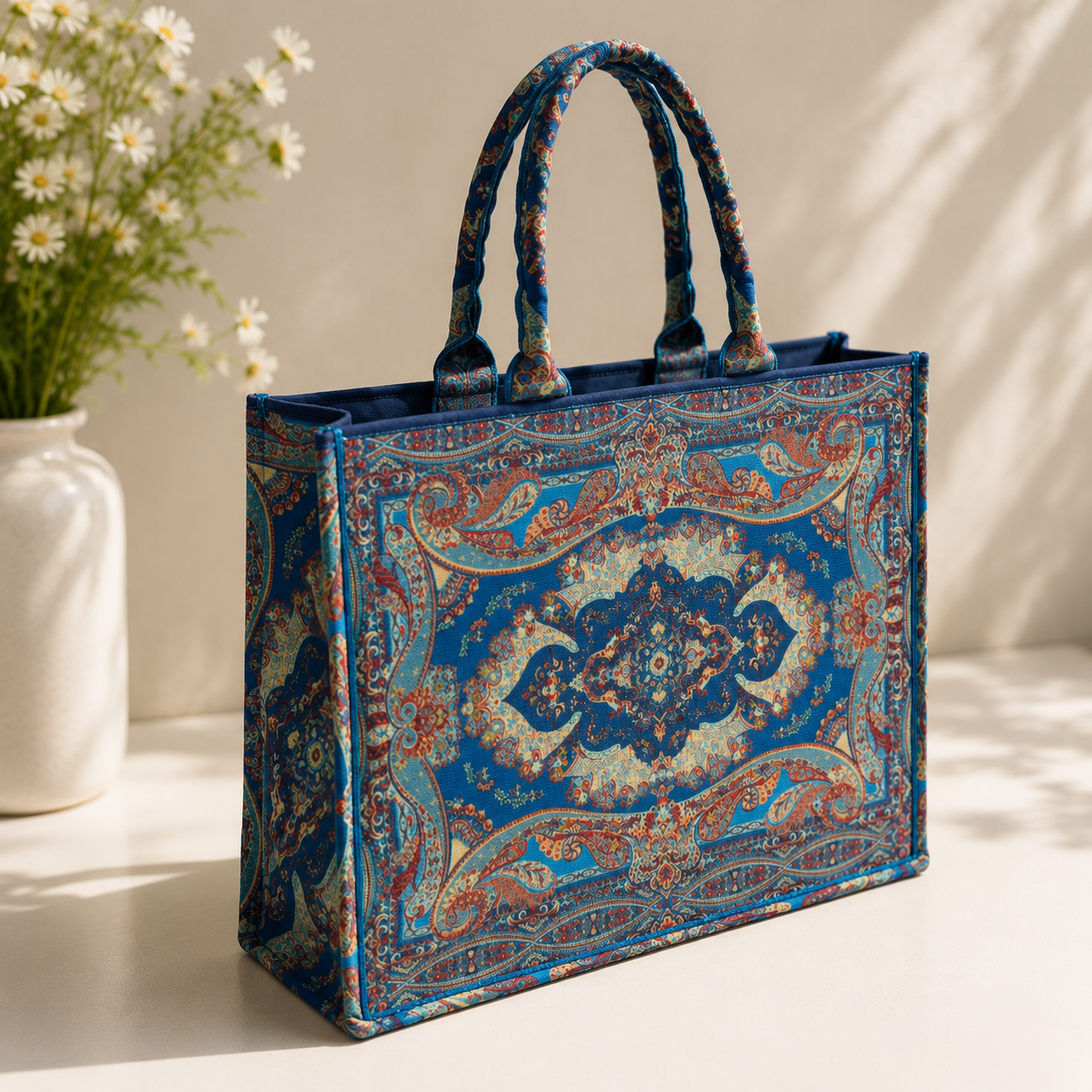 Azure Paisley Canvas Tote Bag