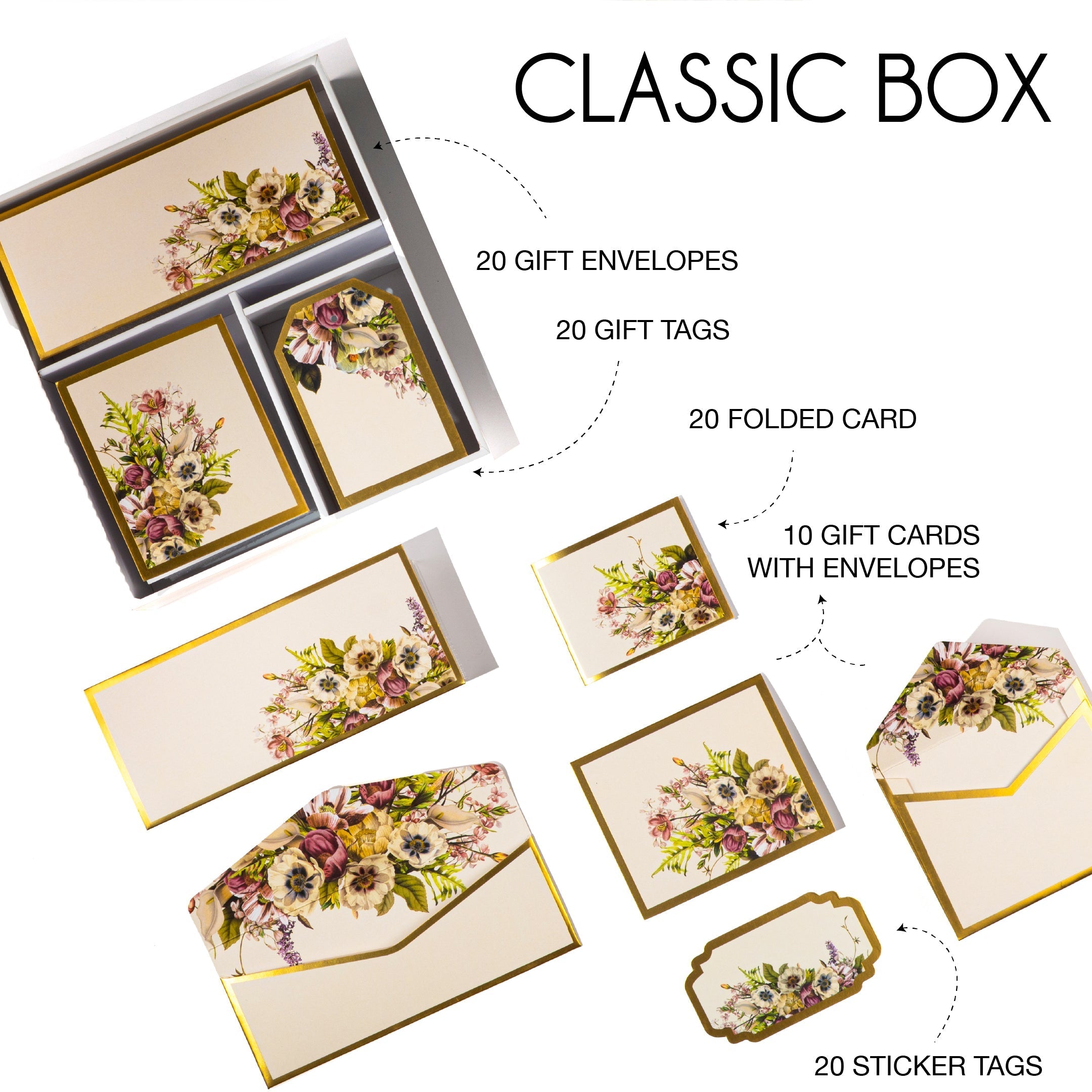 Cream boxed stationery with elegant floral bouquets on cards, tags, and envelopes.