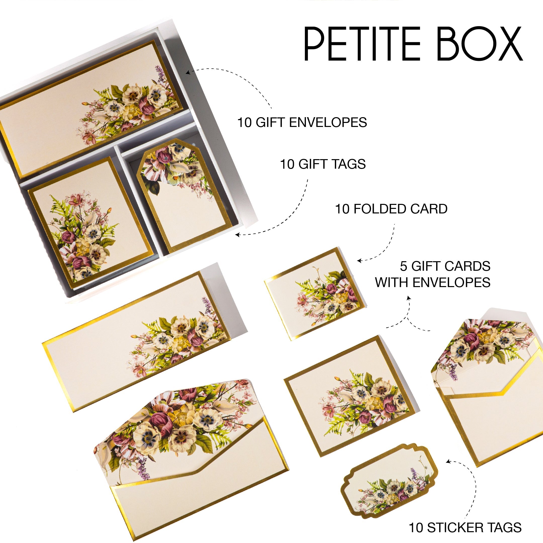 Cream boxed stationery with elegant floral bouquets on cards, tags, and envelopes.