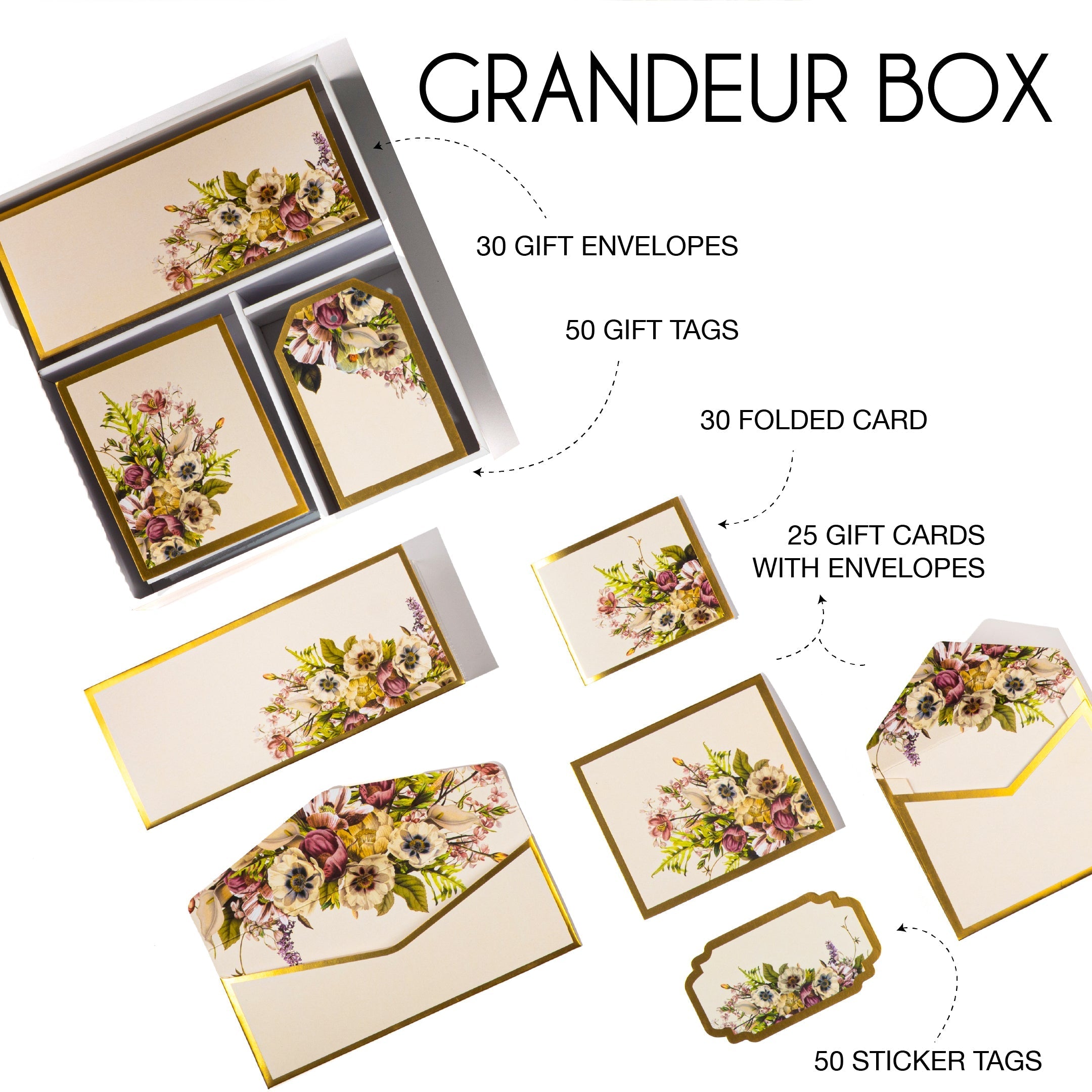 Cream boxed stationery with elegant floral bouquets on cards, tags, and envelopes.