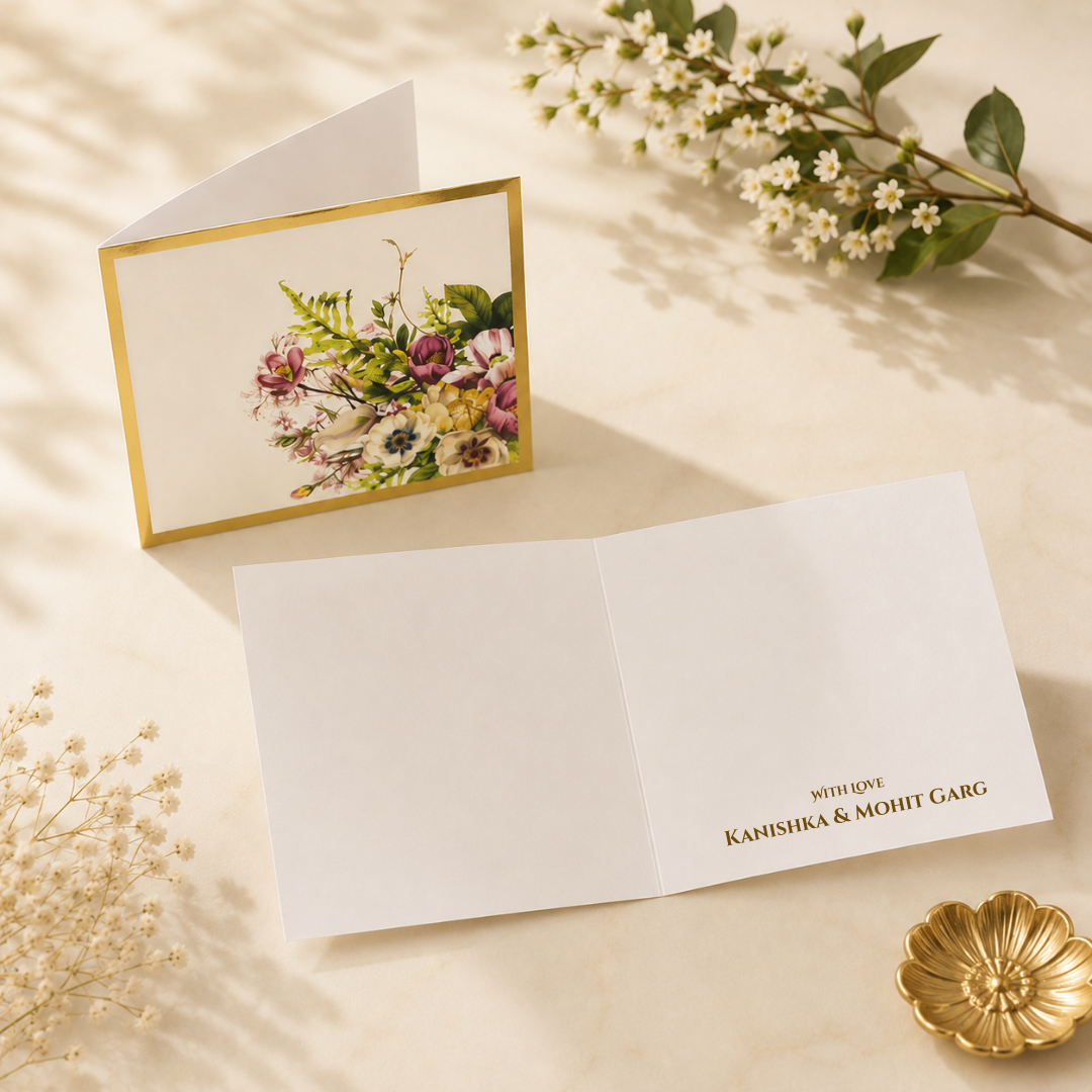 Luxury ivory folded card with delicate floral bouquet artwork and elegant gold border detailing.