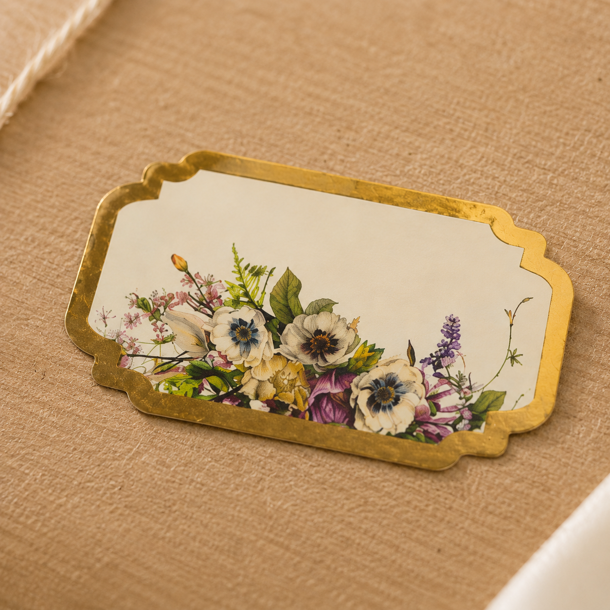 Ivory bouquet peel and stick gift tag with pastel floral blooms and elegant gold border detailing for luxury gifting.