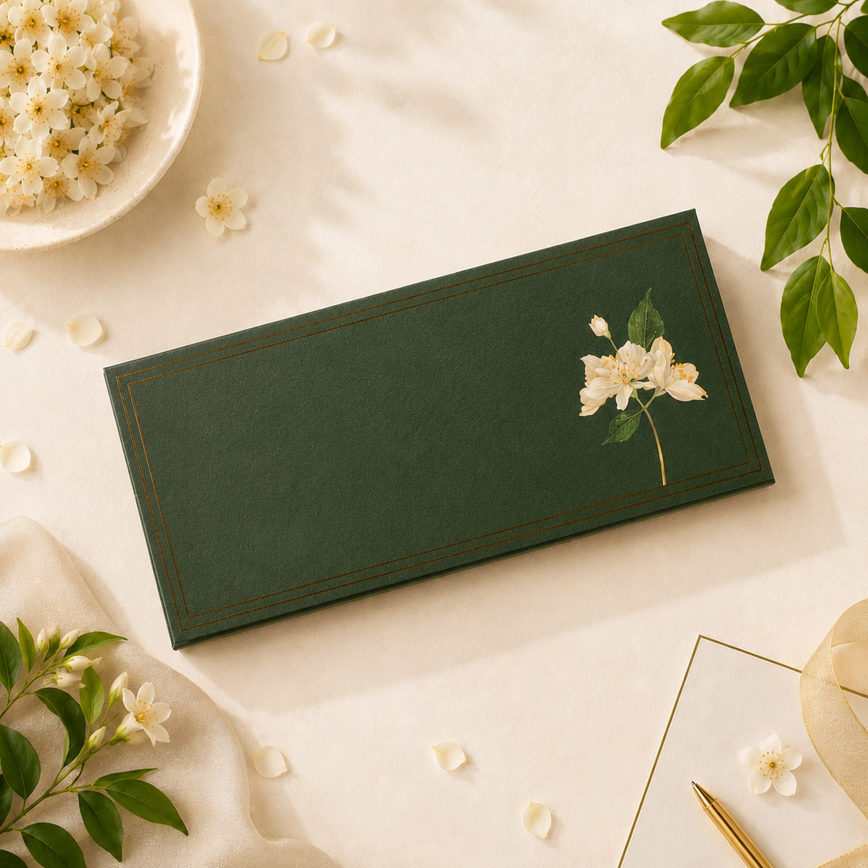 Money envelopes in deep green and beige, adorned with bold gold details and exquisite Indian jasmine flowers.