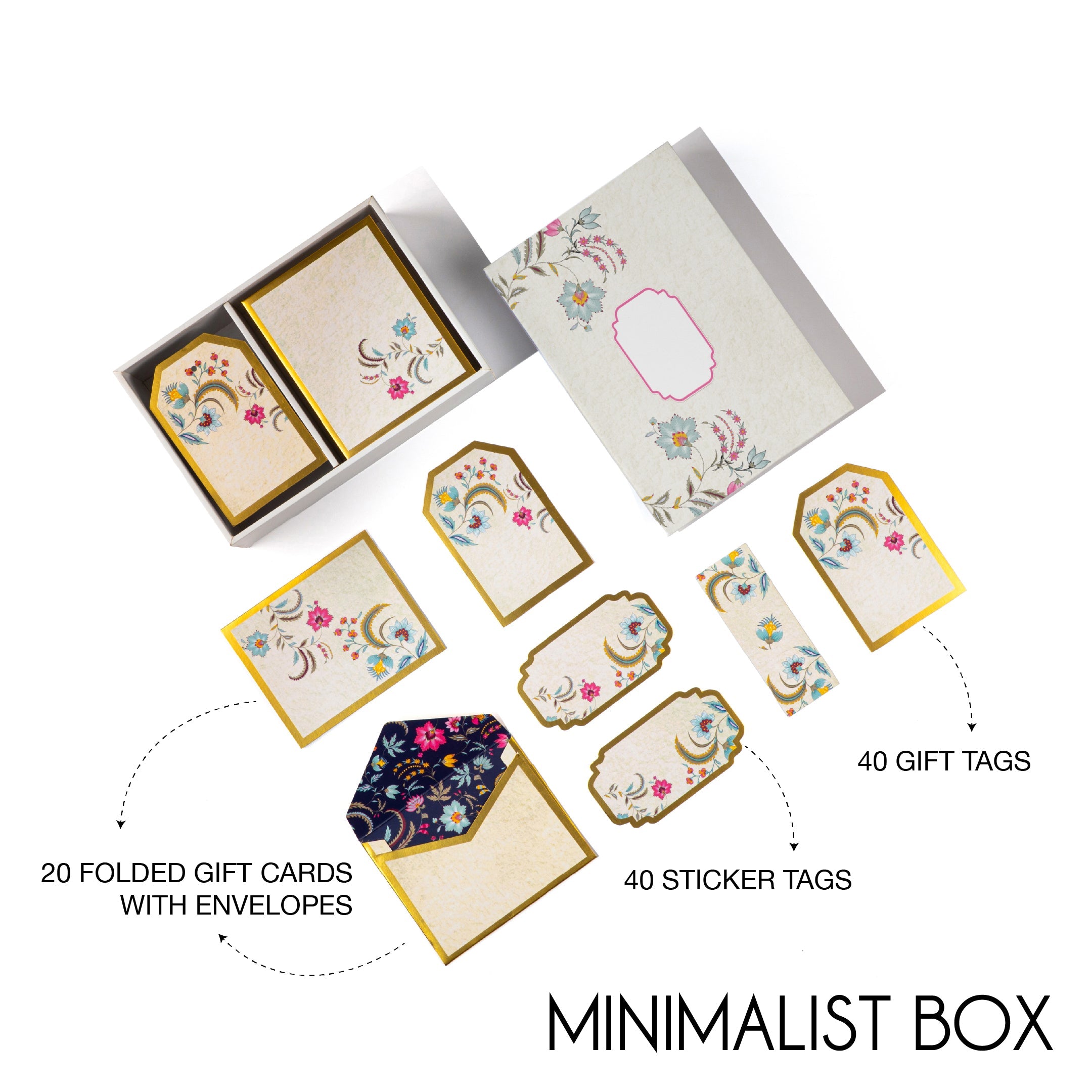 Floral gold-bordered stationery set with tags, notes, and envelope.