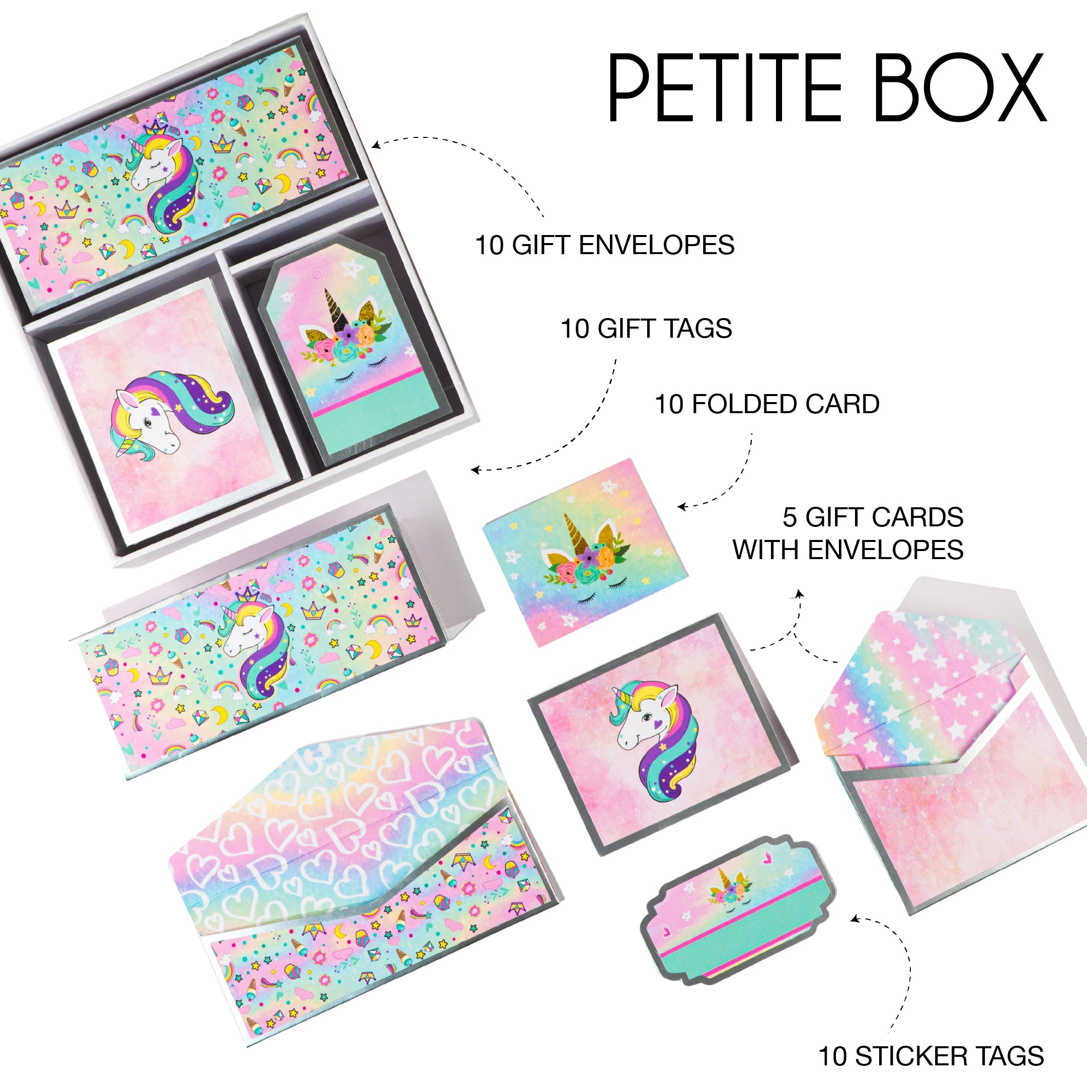 Playful unicorn stationery collection with rainbow hues, illustrated note cards, envelopes, gift tags, and stickers.