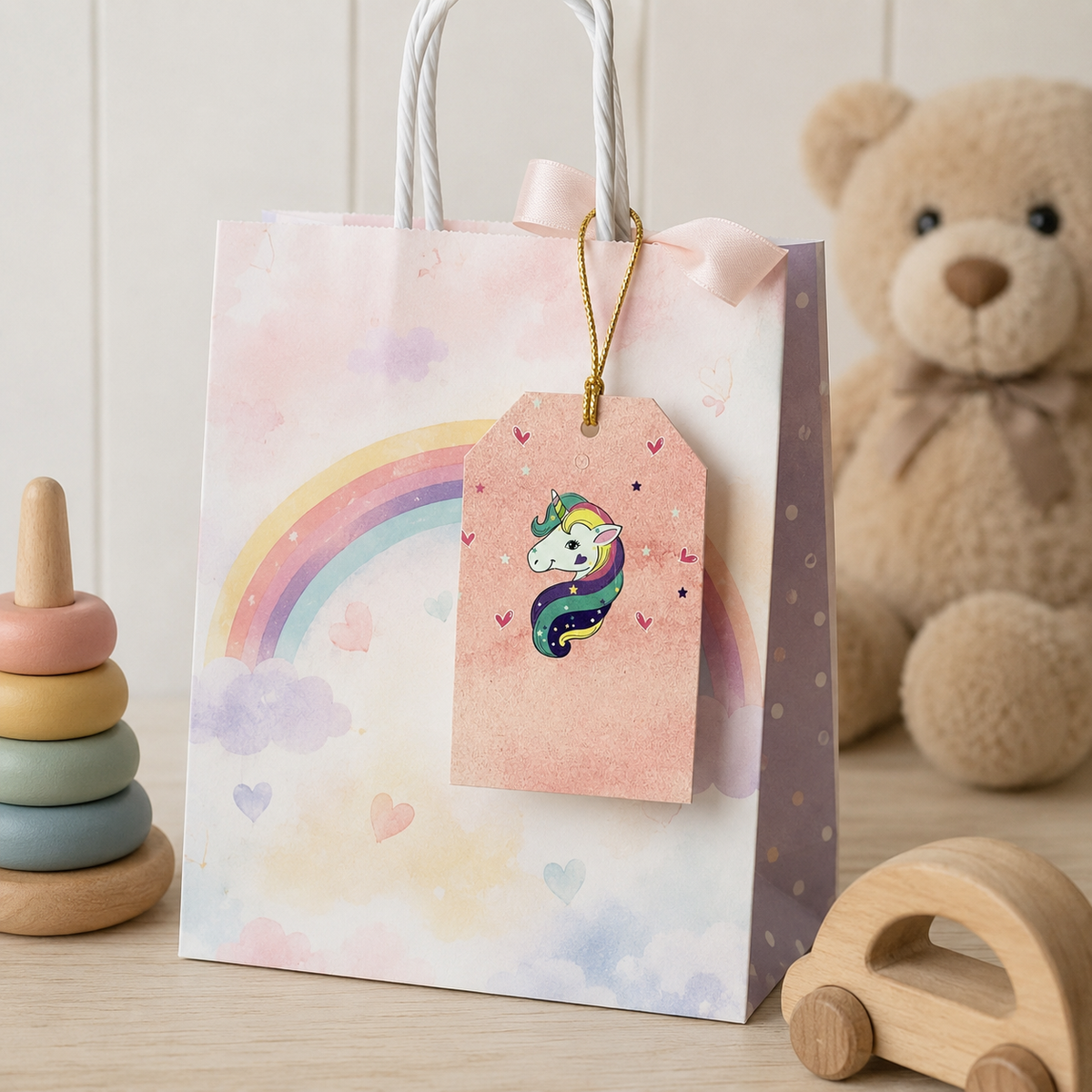 Magic Whimsy hanging tag set with whimsical kids-themed design and golden dori for gifting