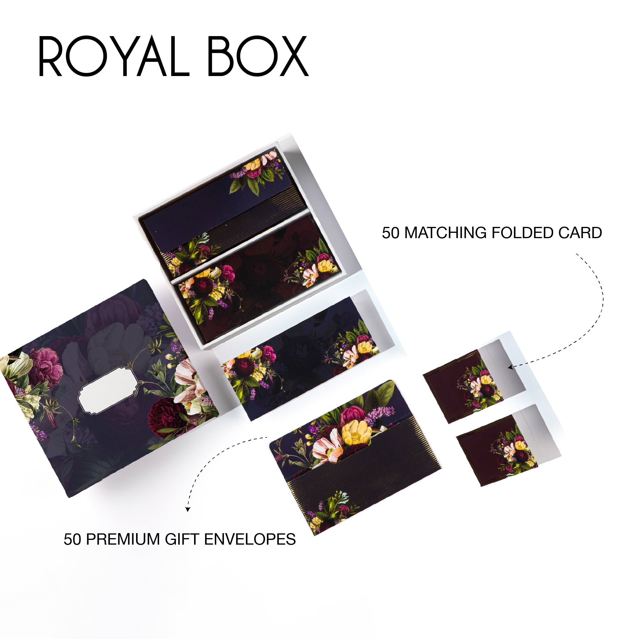 Premium floral stationery gift set in deep tones with rose bouquet prints, ideal for luxury gifting needs.