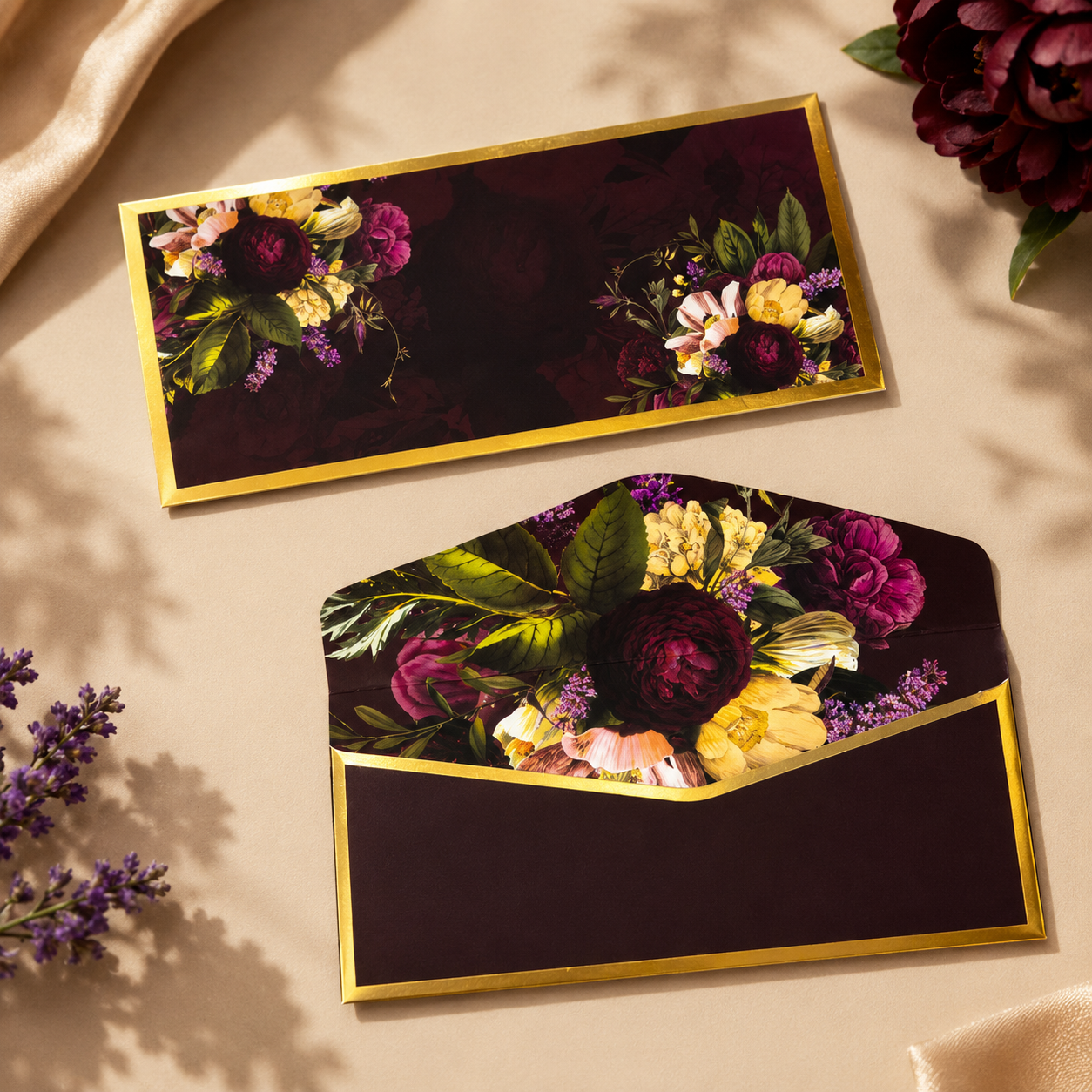 Luxurious money envelopes in deep blue and maroon, adorned with elegant winter florals and gold details.