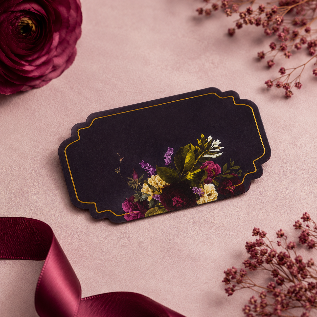 Dark luxury floral sticker tag featuring rich midnight hues, romantic blooms, and premium gold accents for wedding and festive gifts.
