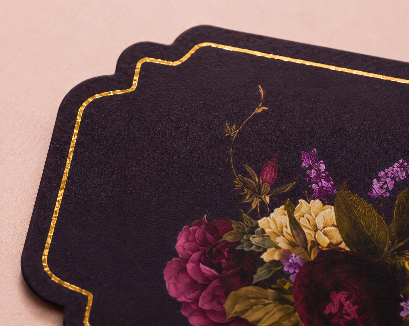 Elegant Midnight Rose gift sticker with moody winter floral artwork and gold border detailing on a deep maroon and navy background.