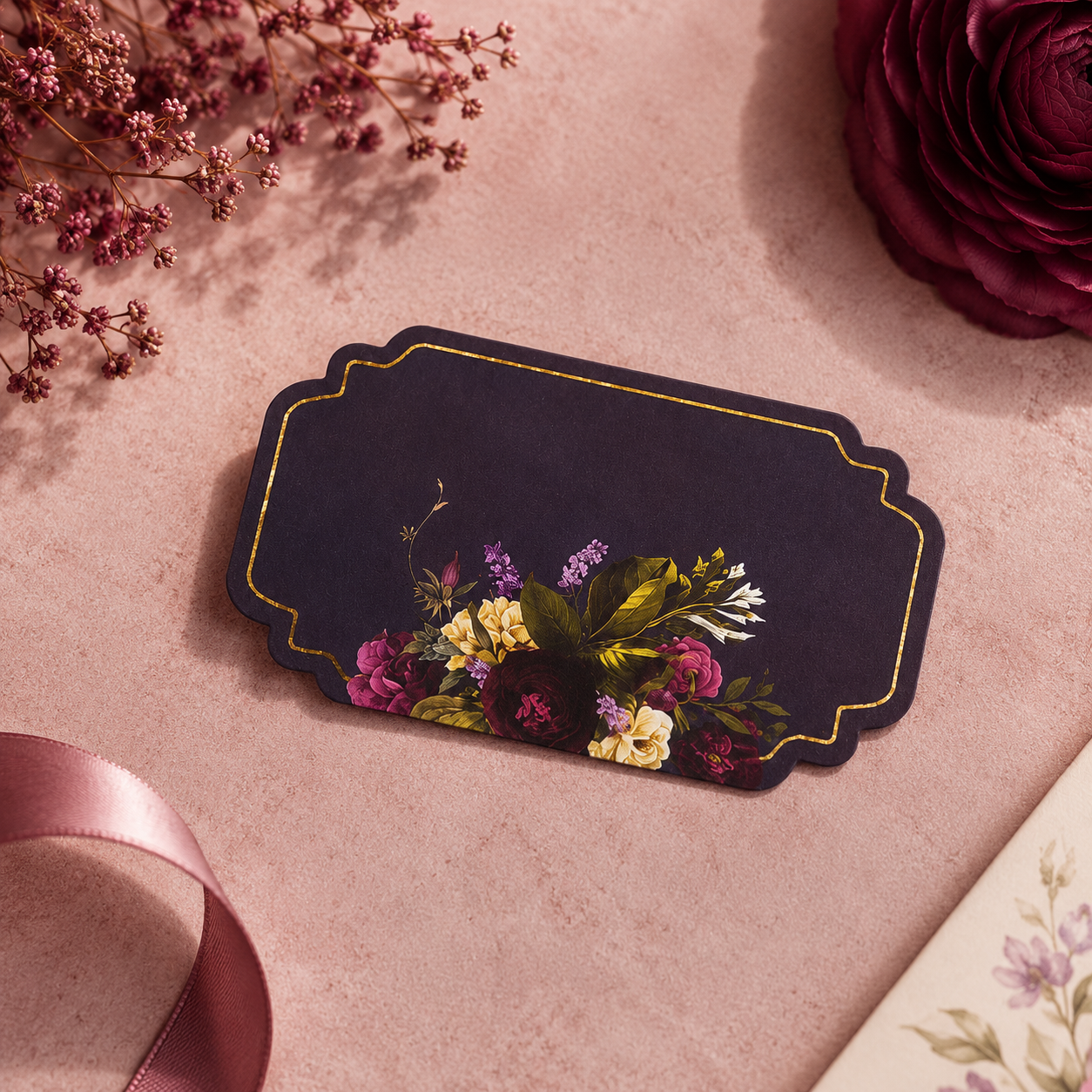 Opulent peel and paste gift tag with dark floral elements, luxurious gold accents, and a rich midnight-inspired color palette for hampers and gift boxes.