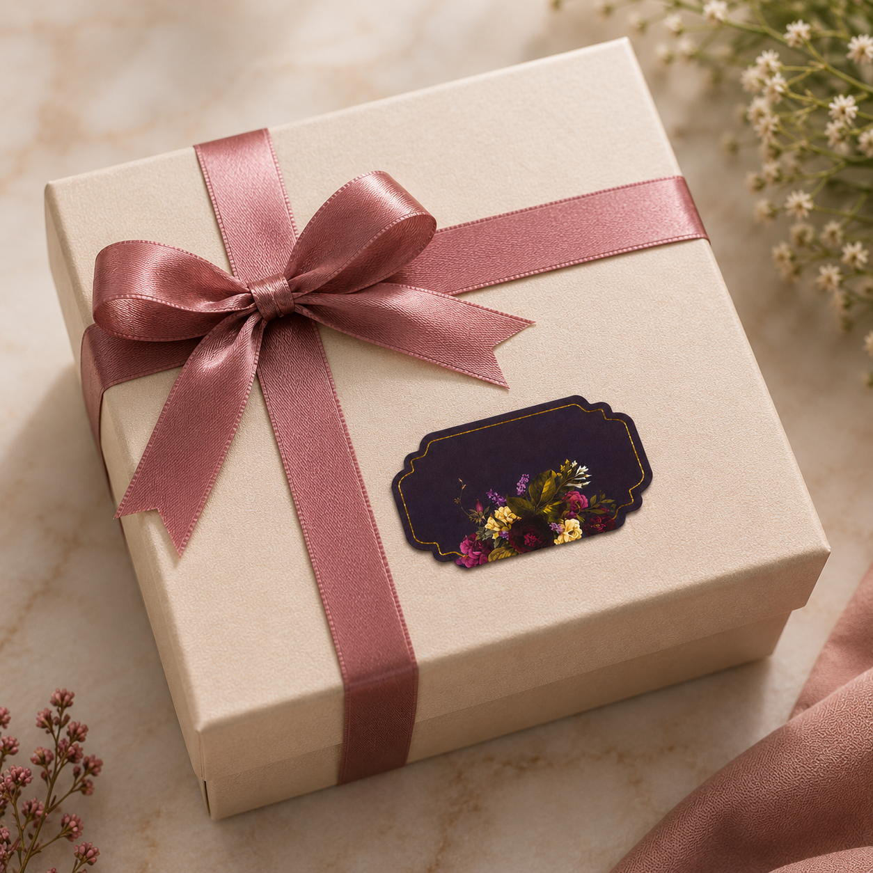 Midnight Rose peel and stick gift tag with deep blue and maroon tones, winter florals, and elegant gold detailing for luxury gifting.