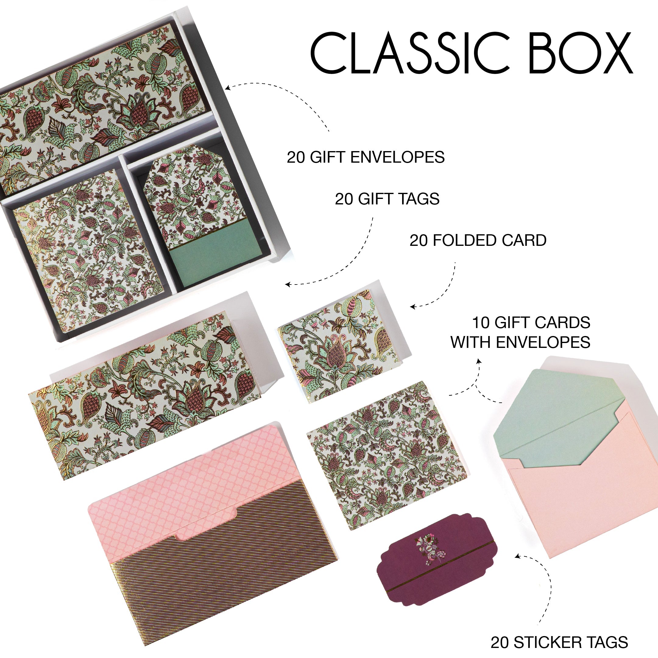 Mint‑green paisley stationery set with botanical prints and coordinating envelopes and gift tags.