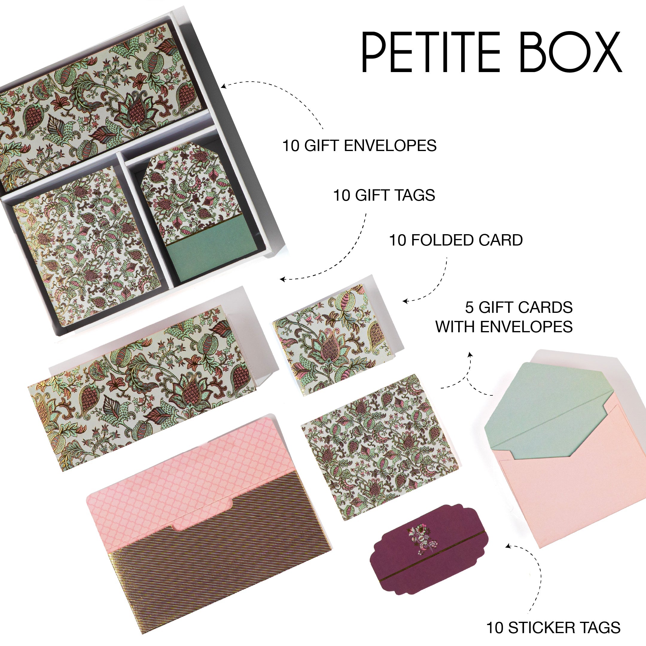 Mint‑green paisley stationery set with botanical prints and coordinating envelopes and gift tags.