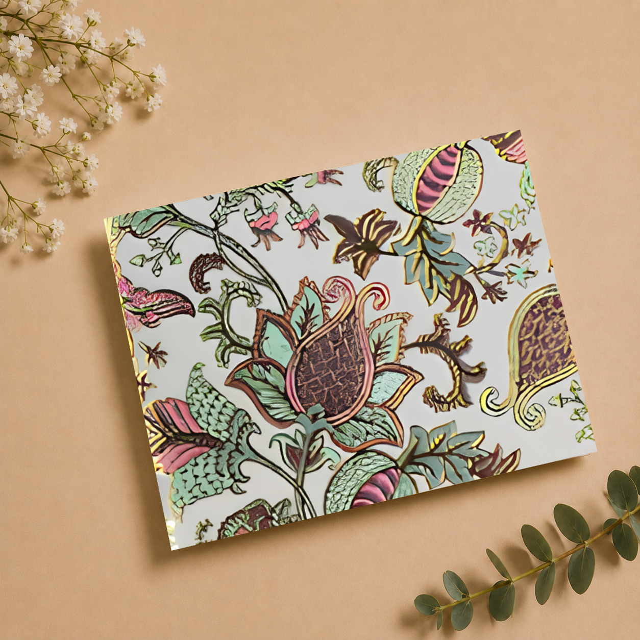 Elegant floral folded greeting card featuring detailed botanical motifs and refined luxury stationery styling on a warm neutral background.