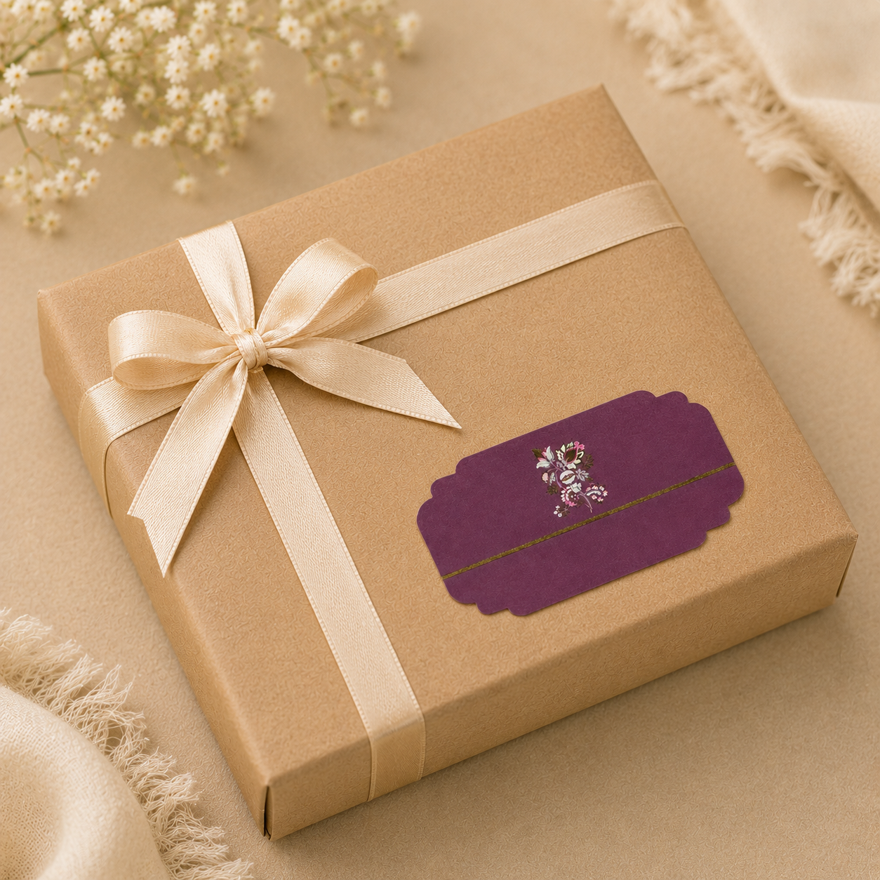 Elegant plum peel and stick gift tag featuring delicate floral artwork and fine gold detailing for luxury gifting.