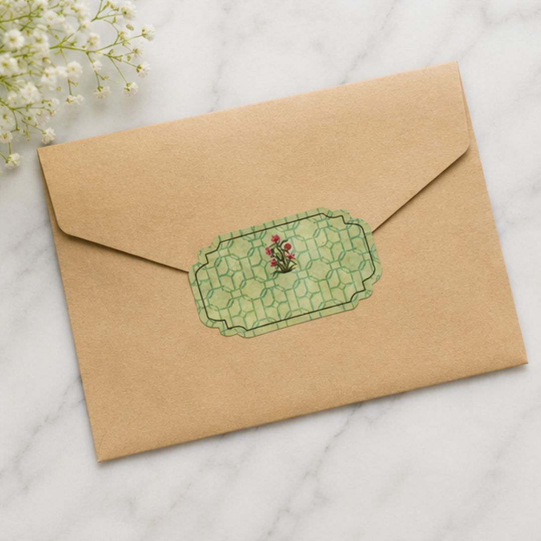 Sophisticated botanical sticker tag with soft green tones, floral detailing, and intricate geometric design, perfect for hampers and festive gifts.