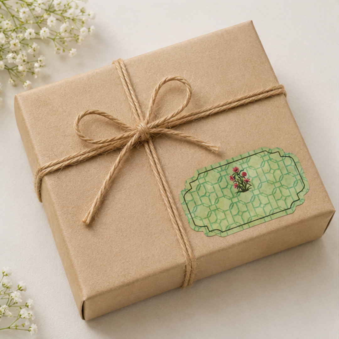Elegant sage green peel and stick gift tag featuring geometric lattice patterns and delicate floral artwork for luxury gifting.