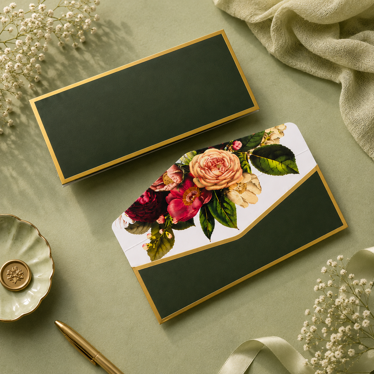 Luxury floral money envelope with dark green and gold detailing, styled on a sage green background with elegant floral accents.