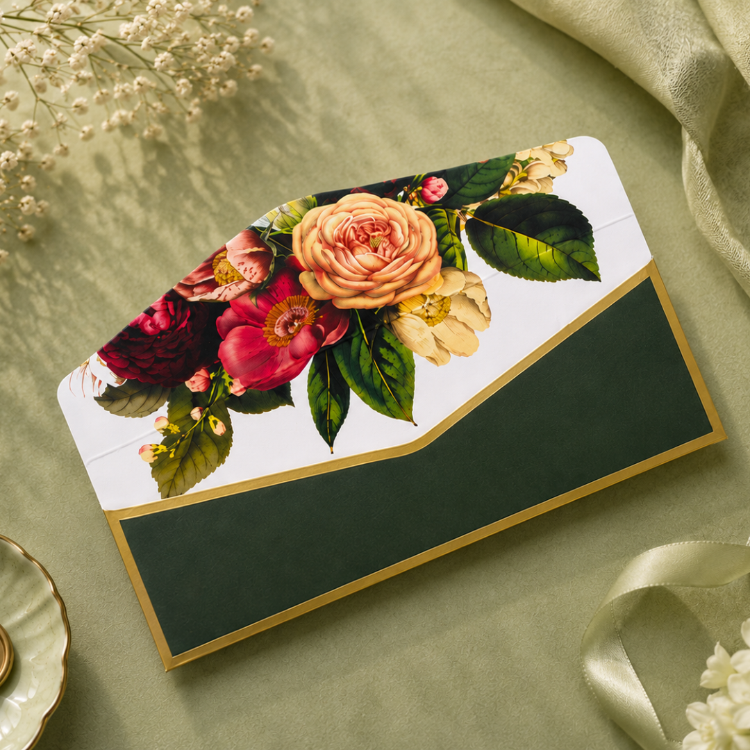 Luxury floral gift envelope with deep green panels, gold borders, and vibrant botanical artwork on a premium designer money envelope.