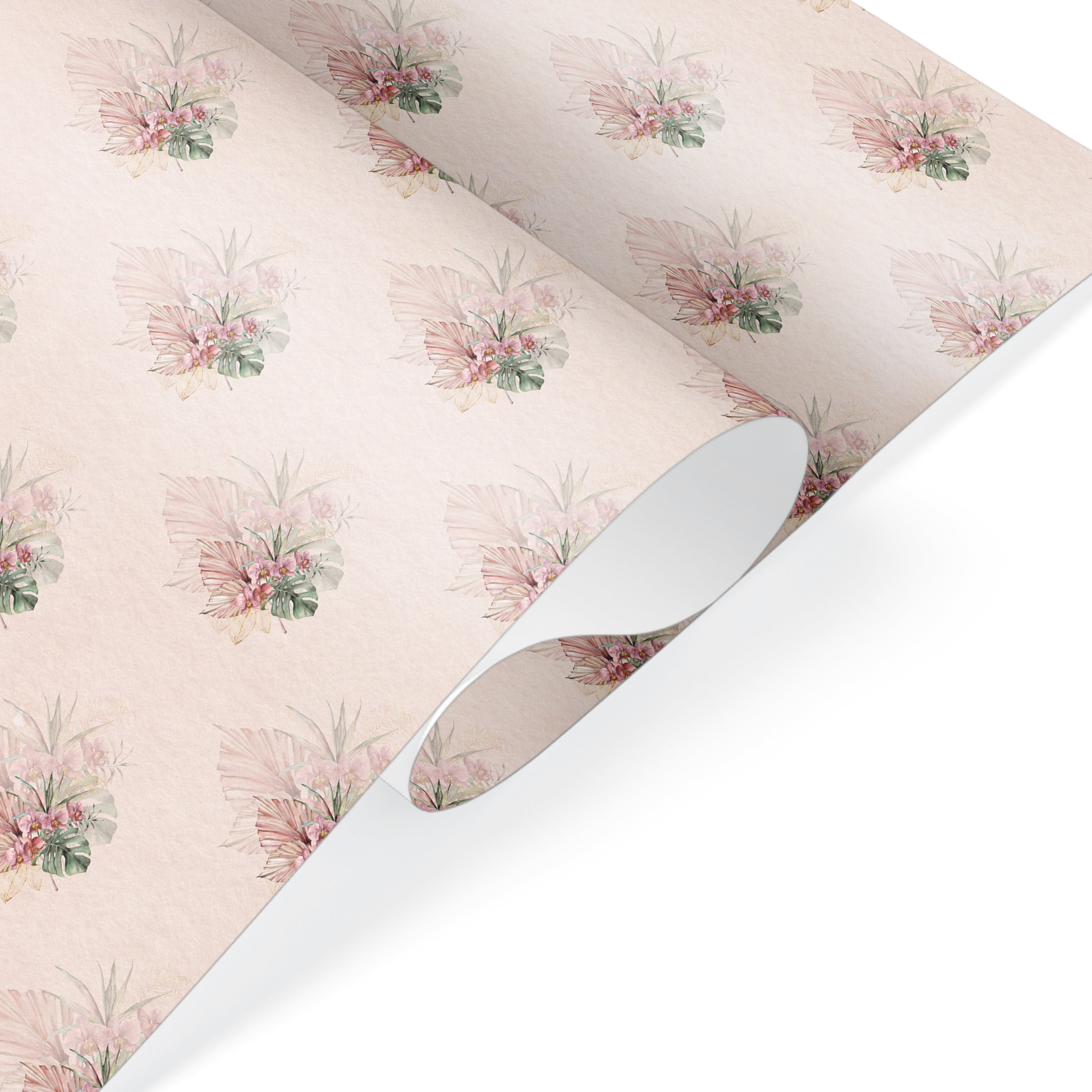 Soft floral wrapping paper with pink and green watercolor blooms on blush texture – ideal for weddings and elegant gifts.