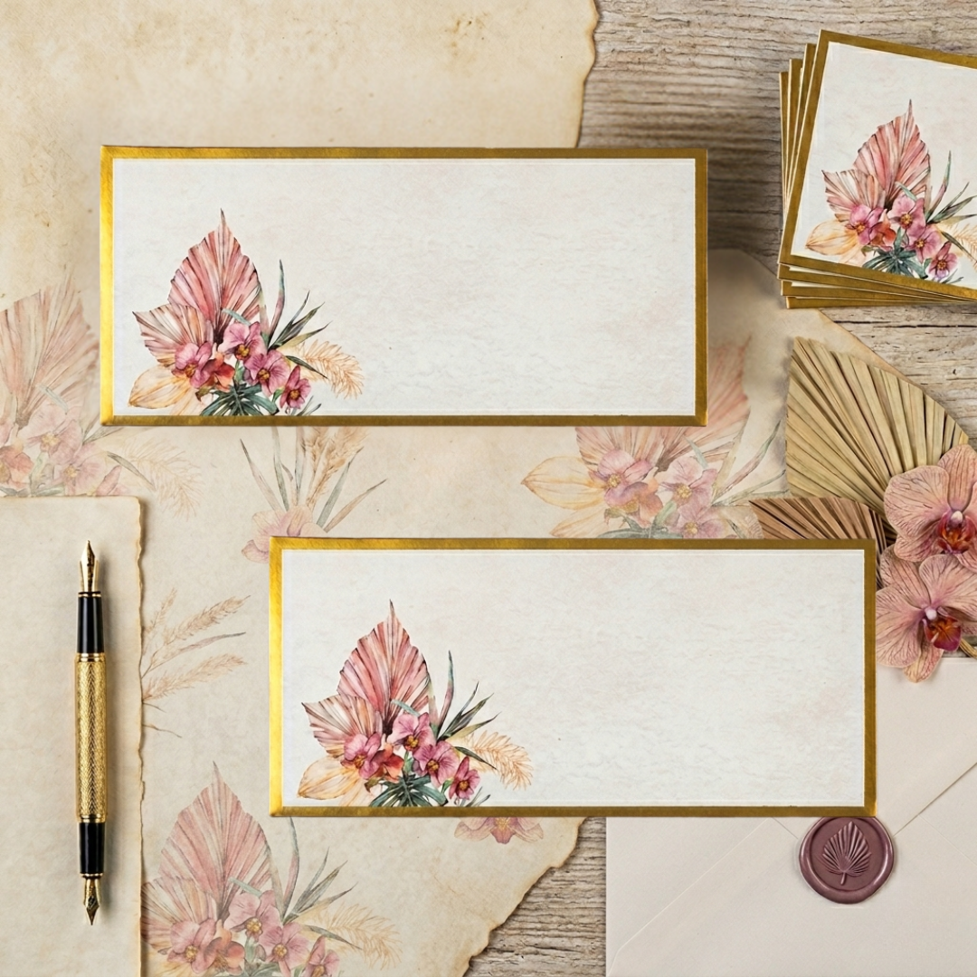 Tropical floral money envelope with gold accents.