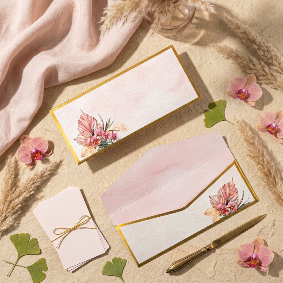Tropical floral money envelope with gold accents.