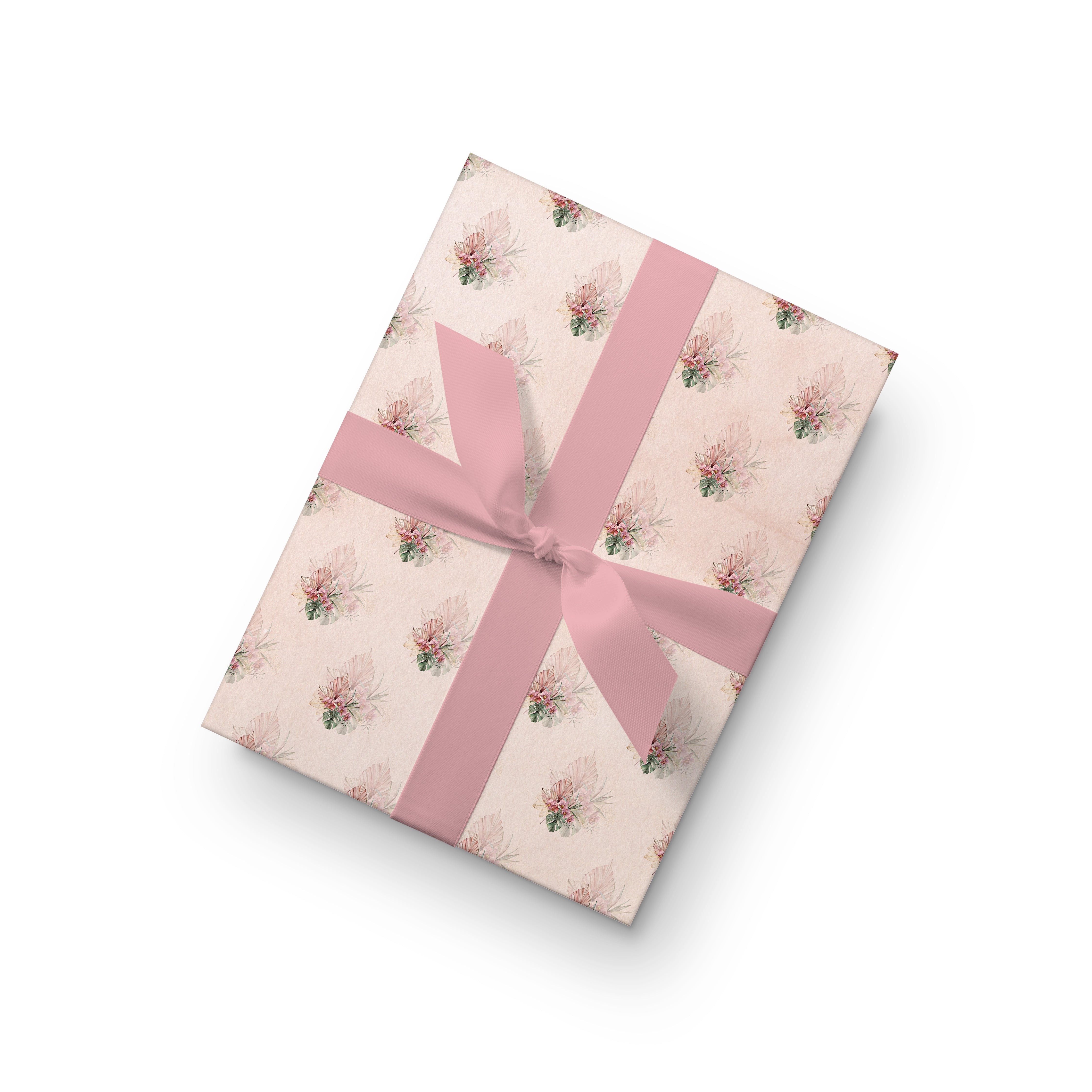 Soft floral wrapping paper with pink and green watercolor blooms on blush texture – ideal for weddings and elegant gifts.