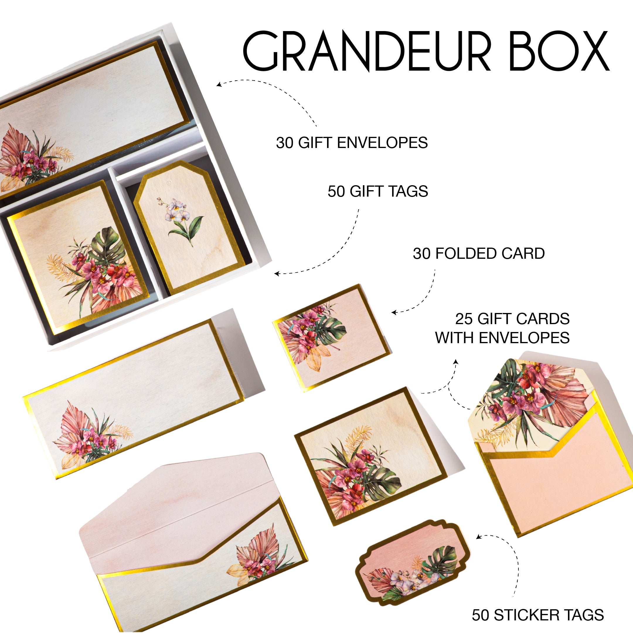 Tropical floral stationery set with gold accents, featuring tags, cards, and envelopes in a wooden-look box.
