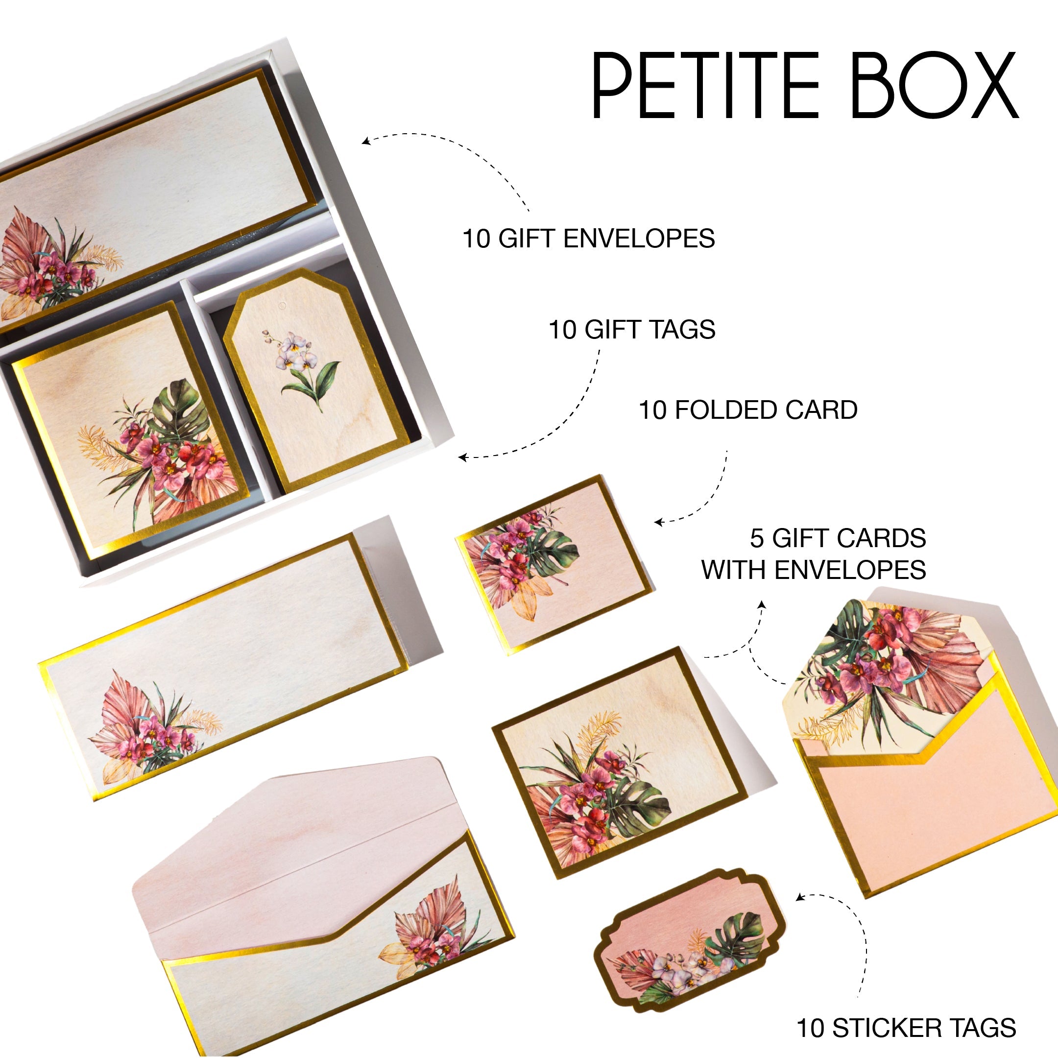 Tropical floral stationery set with gold accents, featuring tags, cards, and envelopes in a wooden-look box.