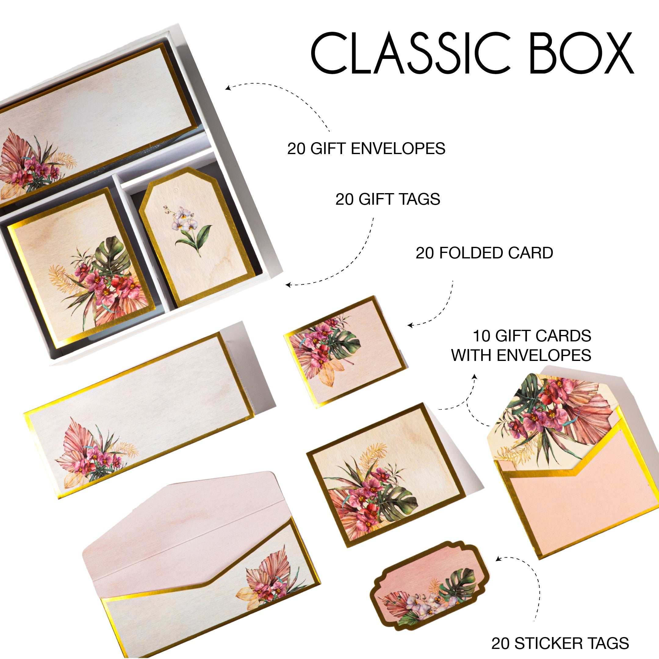 Tropical floral stationery set with gold accents, featuring tags, cards, and envelopes in a wooden-look box.