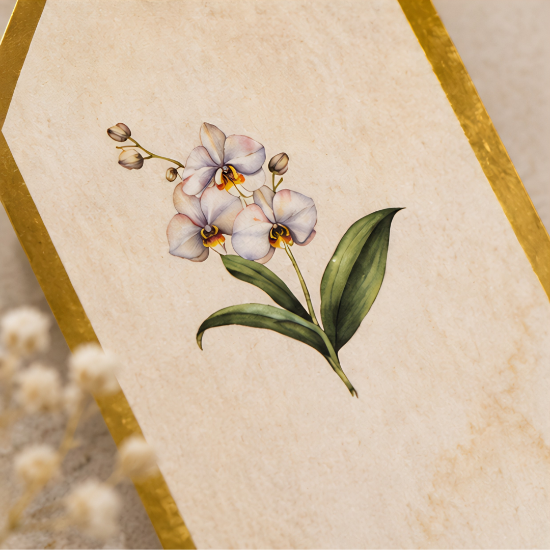 Sophisticated botanical gift tag featuring soft floral illustrations and gold edging, perfect for weddings, hampers, and festive packaging.