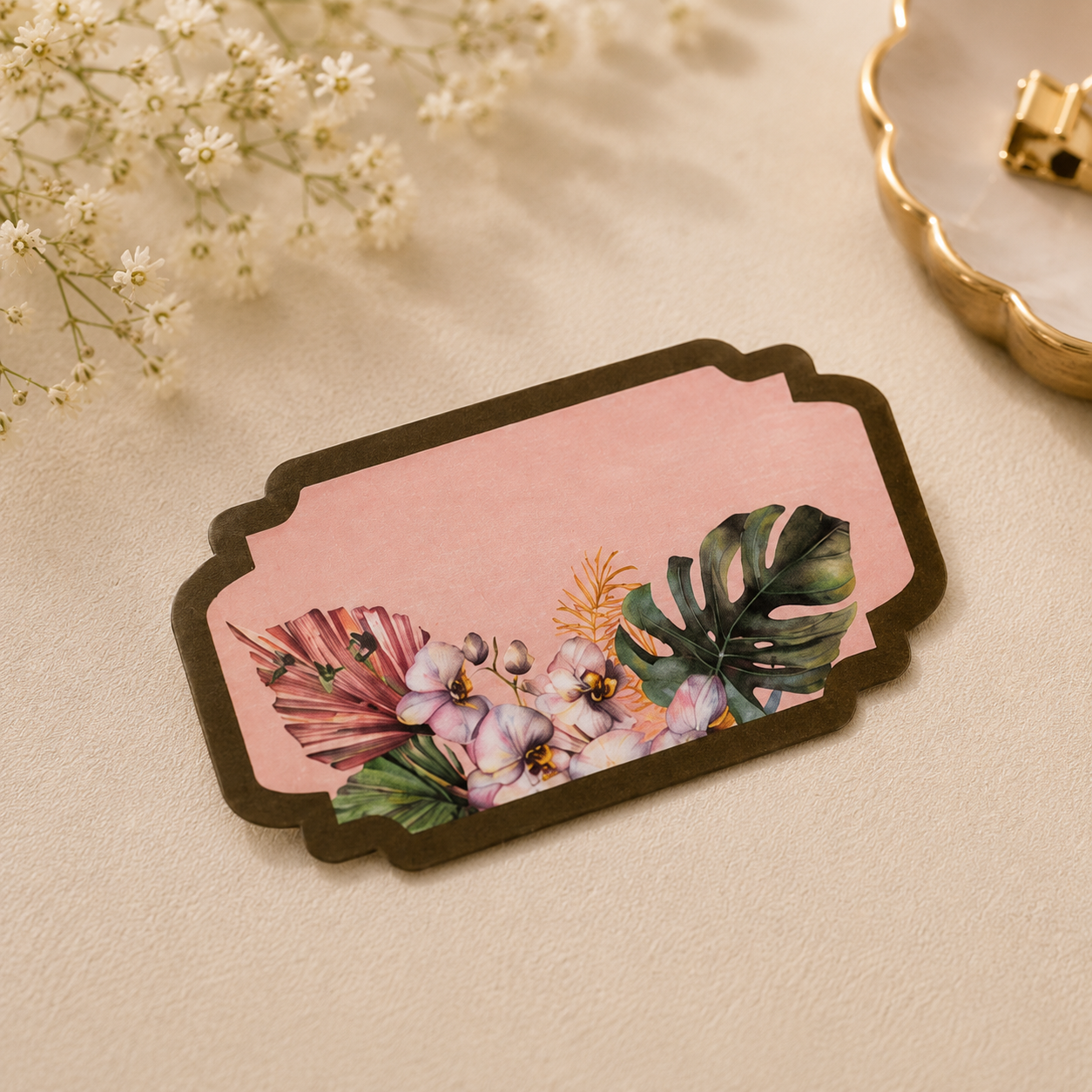 Sophisticated botanical sticker tag with tropical leaves, soft orchid florals, and blush pink background, perfect for hampers and festive gifts.
