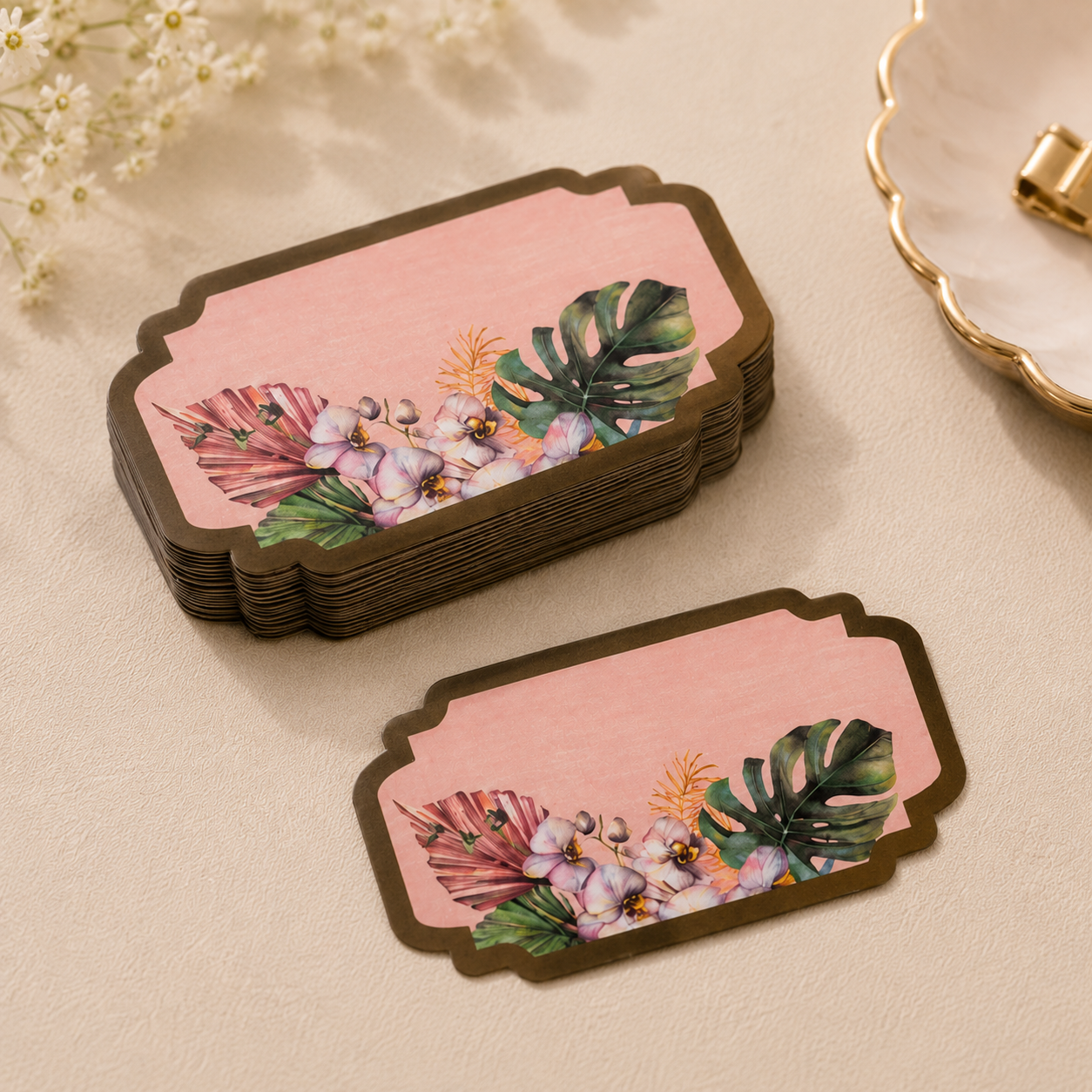 Premium tropical-themed gift sticker with floral artwork and elegant dark edging, ideal for weddings, return favors, and luxury packaging.