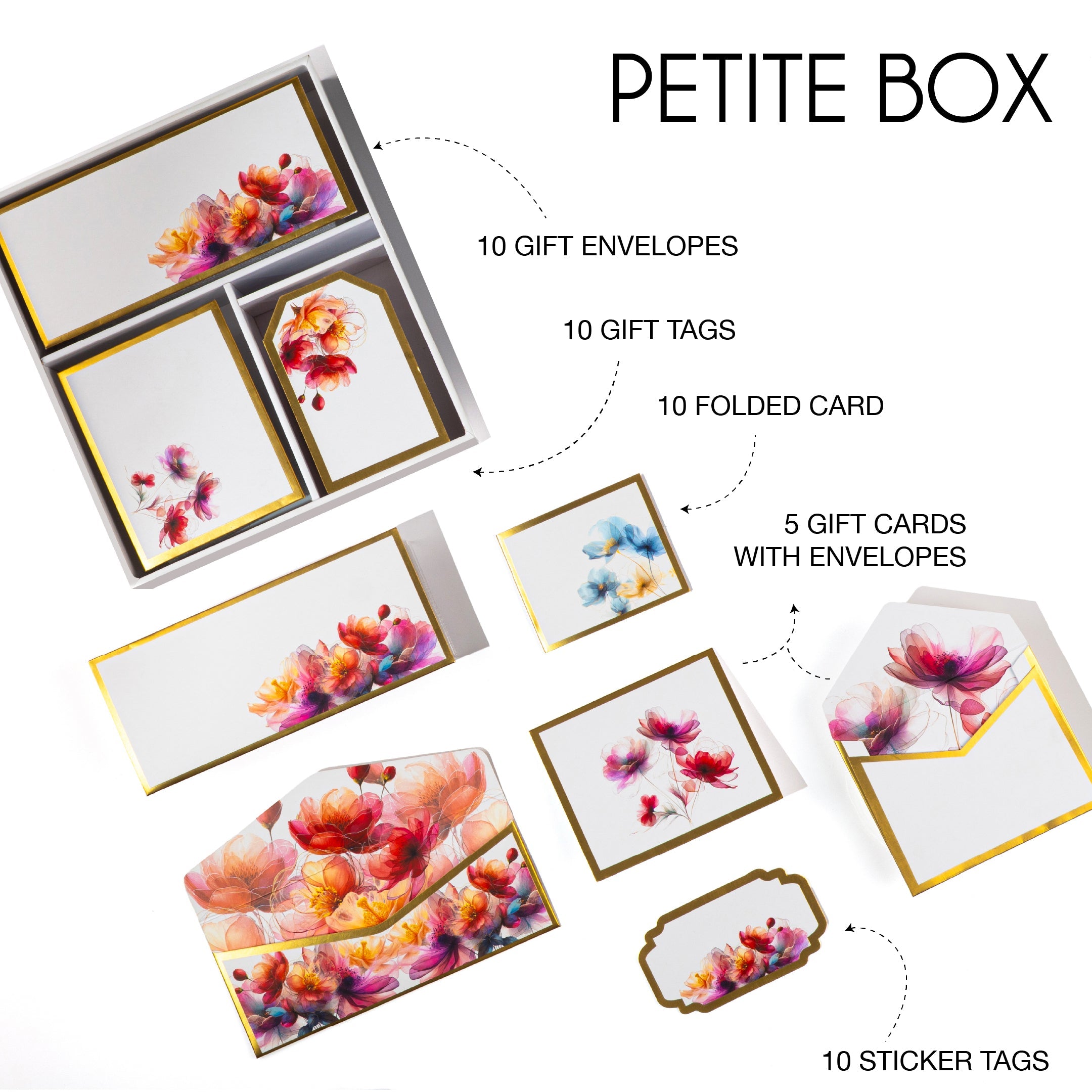 Elegant floral stationery set with watercolor pink and purple blooms, includes cards, tags, and envelopes in a gift box.