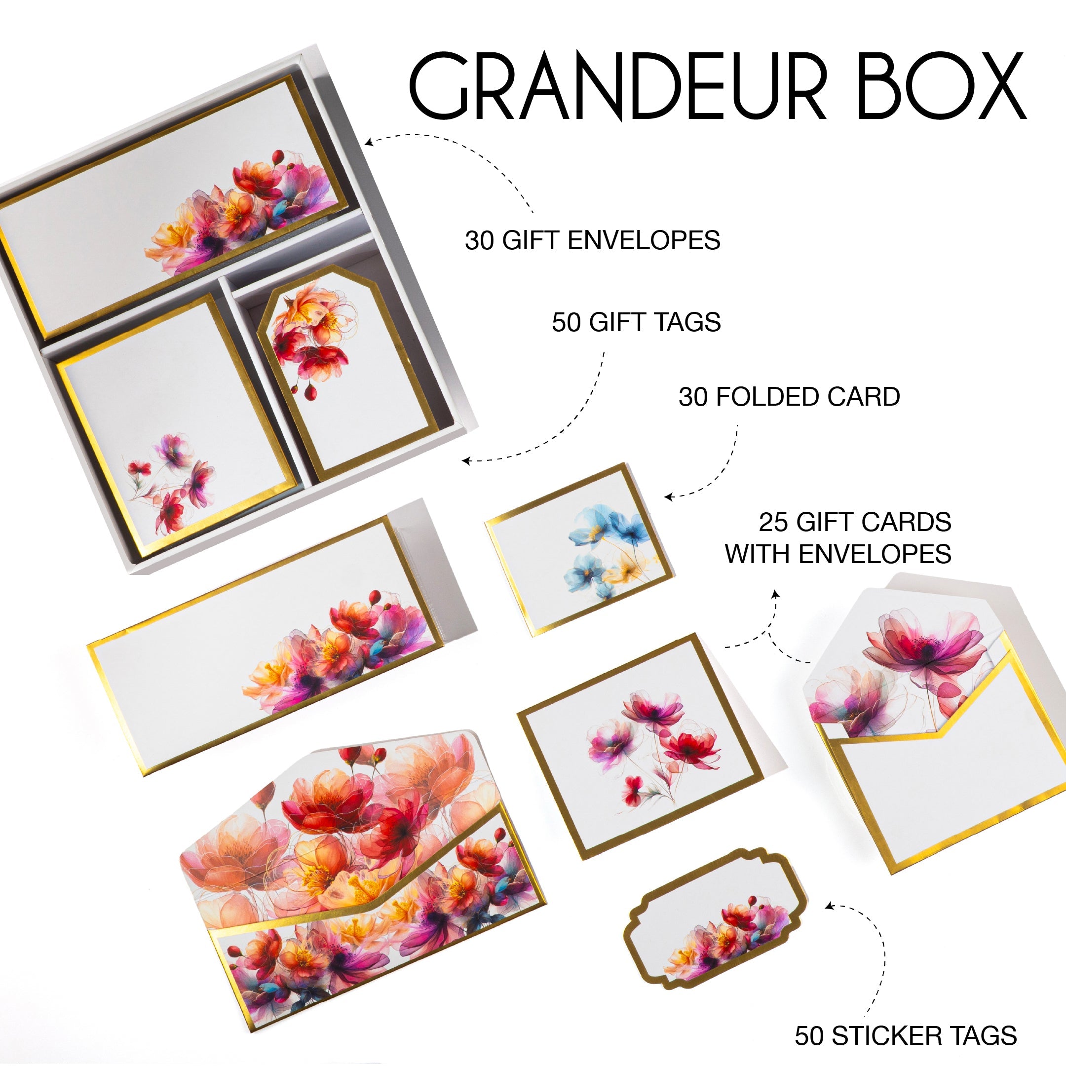 Elegant floral stationery set with watercolor pink and purple blooms, includes cards, tags, and envelopes in a gift box.