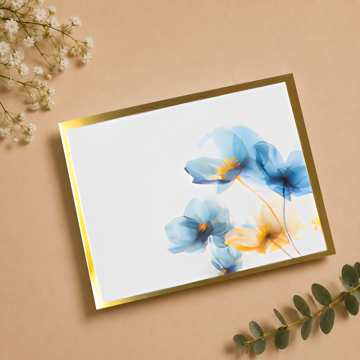 Luxury folded greeting card featuring delicate blue flowers, ivory interiors, and refined gold detailing