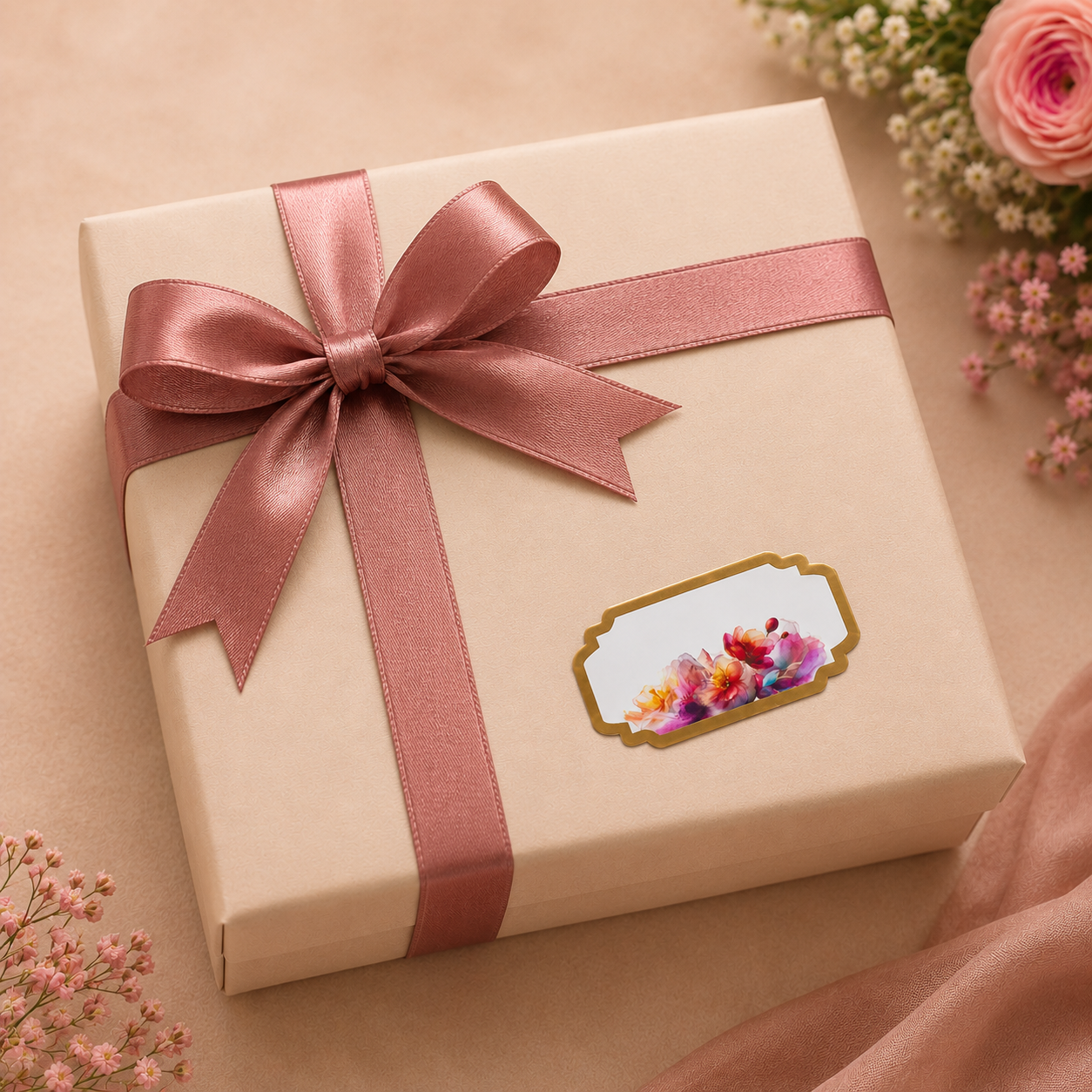 Luxury botanical sticker tag featuring vibrant pink floral artwork and refined gold edges for premium gifting.