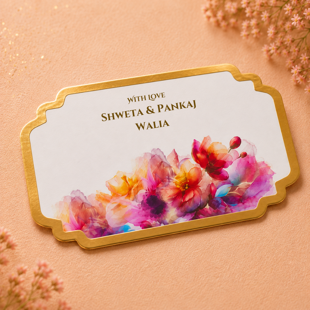 Elegant floral peel and stick gift tag with pastel watercolor blooms and luxurious gold border detailing.