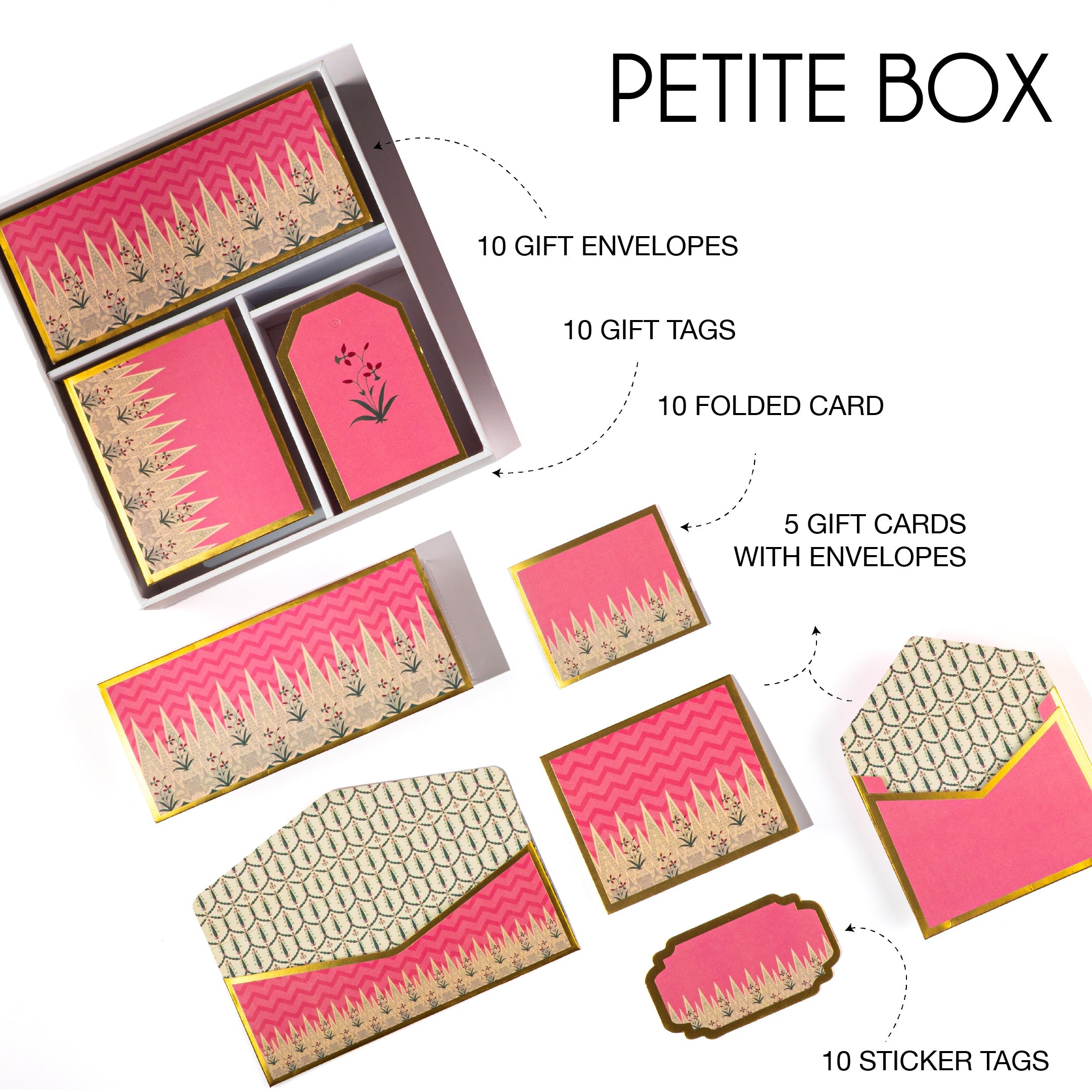 Pink Mughal-style stationery set with gold floral detailing, includes cards, tags, and patterned envelopes.