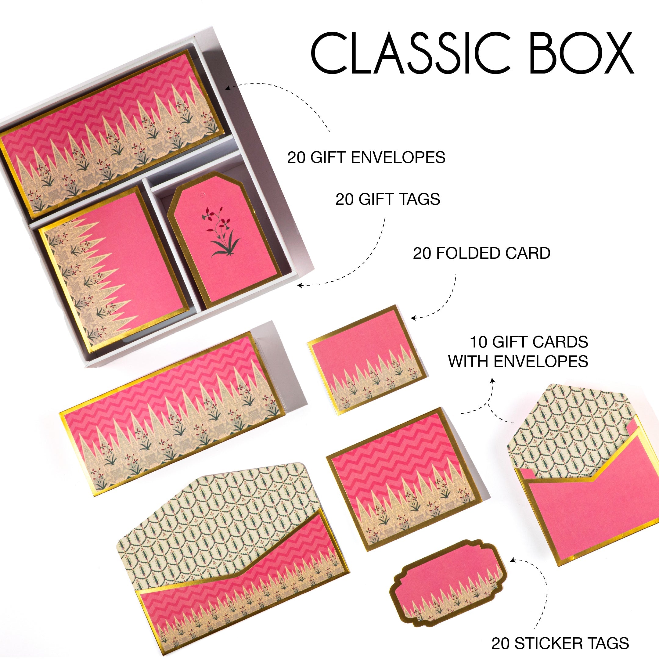 Pink Mughal-style stationery set with gold floral detailing, includes cards, tags, and patterned envelopes.