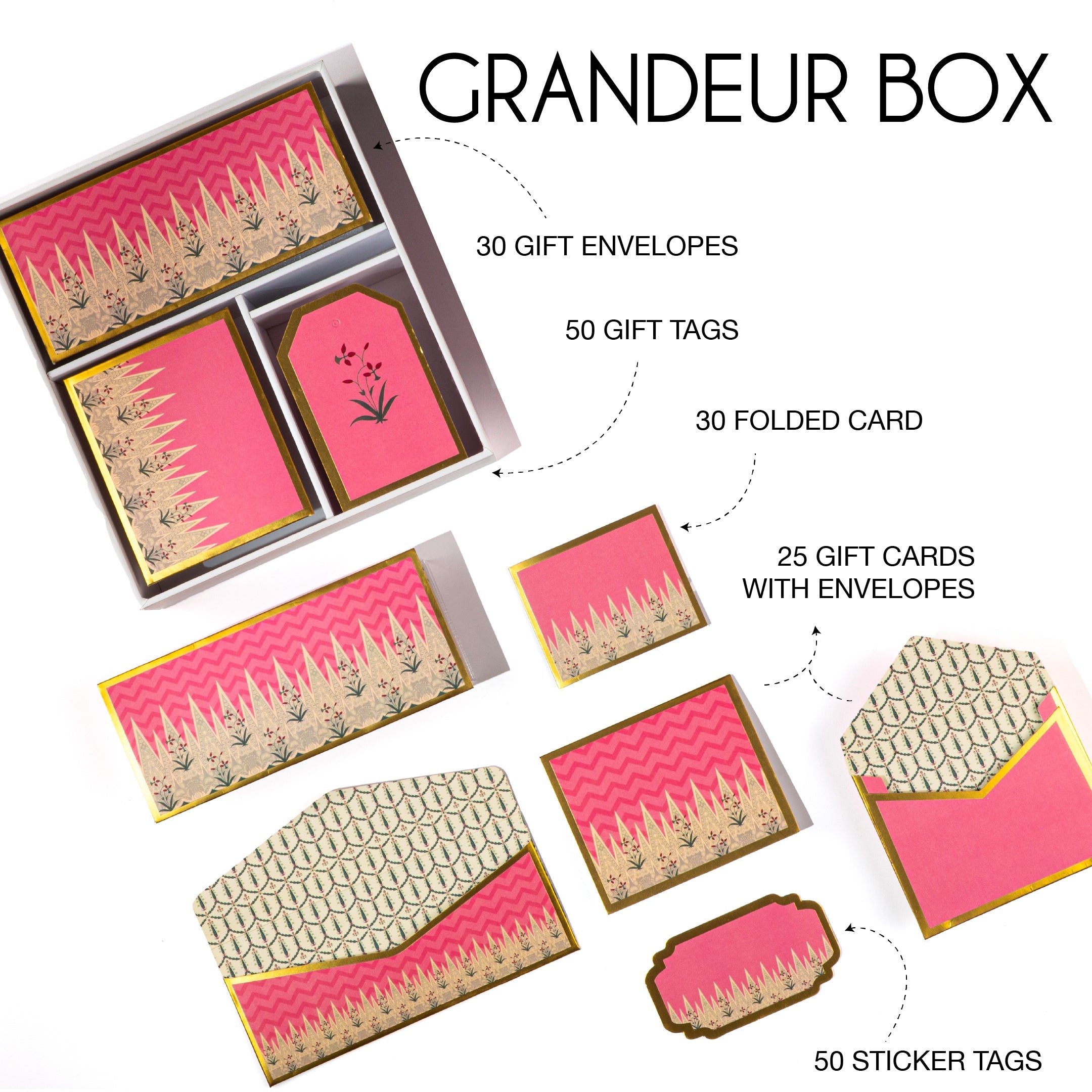 Pink Mughal-style stationery set with gold floral detailing, includes cards, tags, and patterned envelopes.