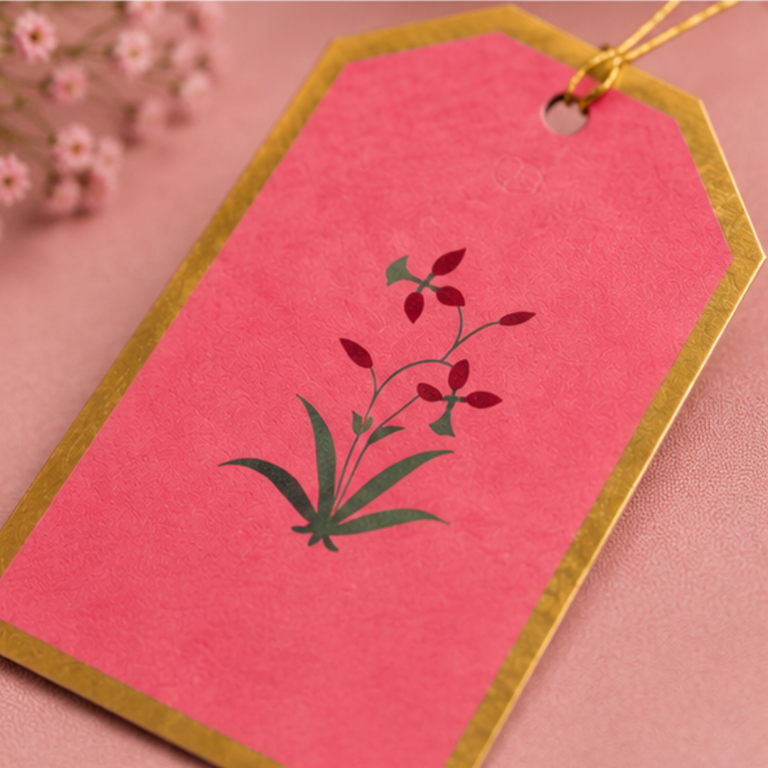 Premium bright pink hanging tags with floral motifs and gold edging, perfect for weddings, hampers, return favors, and festive gifting.