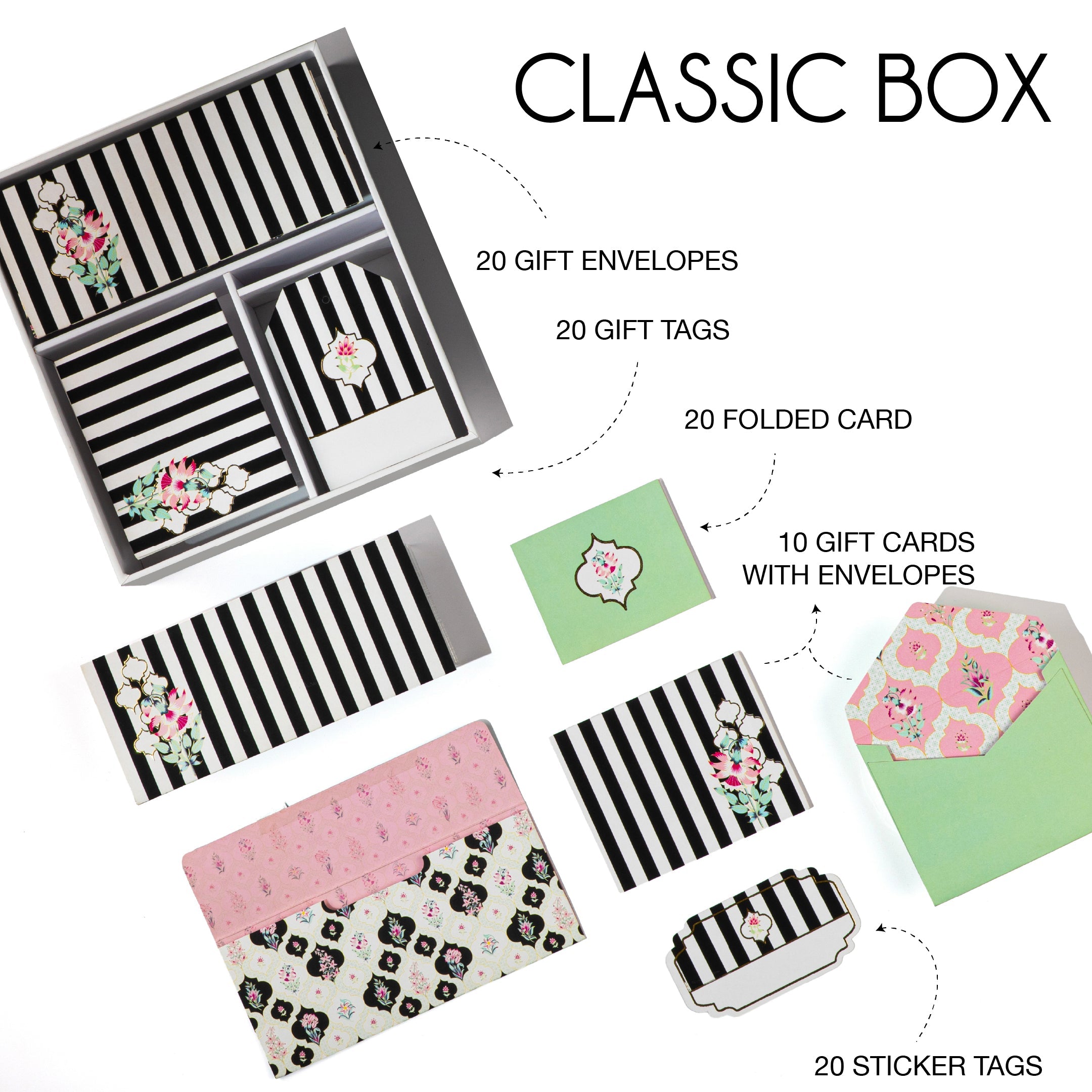 Black-and-white medallion stationery set with floral accents and coordinating envelope liners.