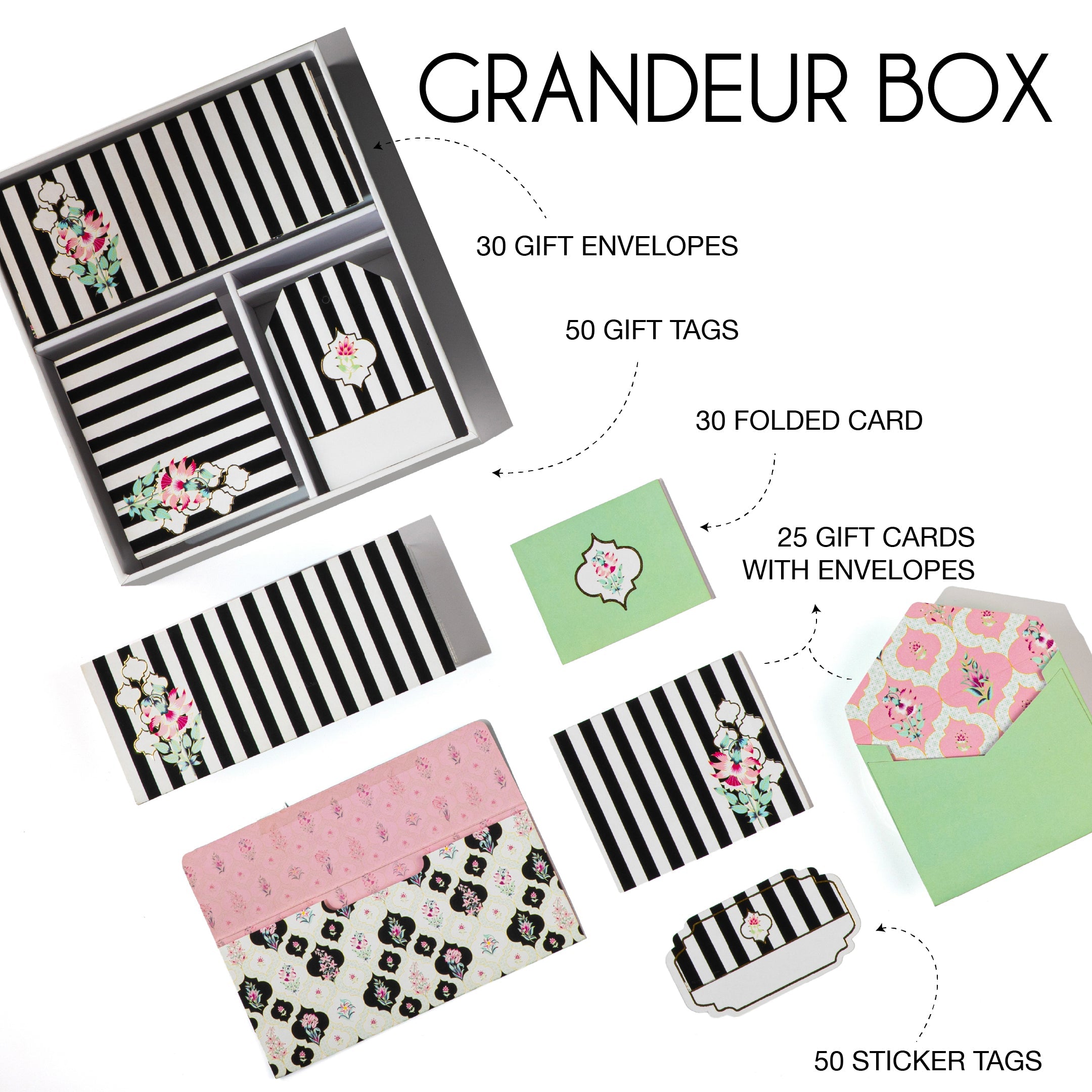 Black-and-white medallion stationery set with floral accents and coordinating envelope liners.
